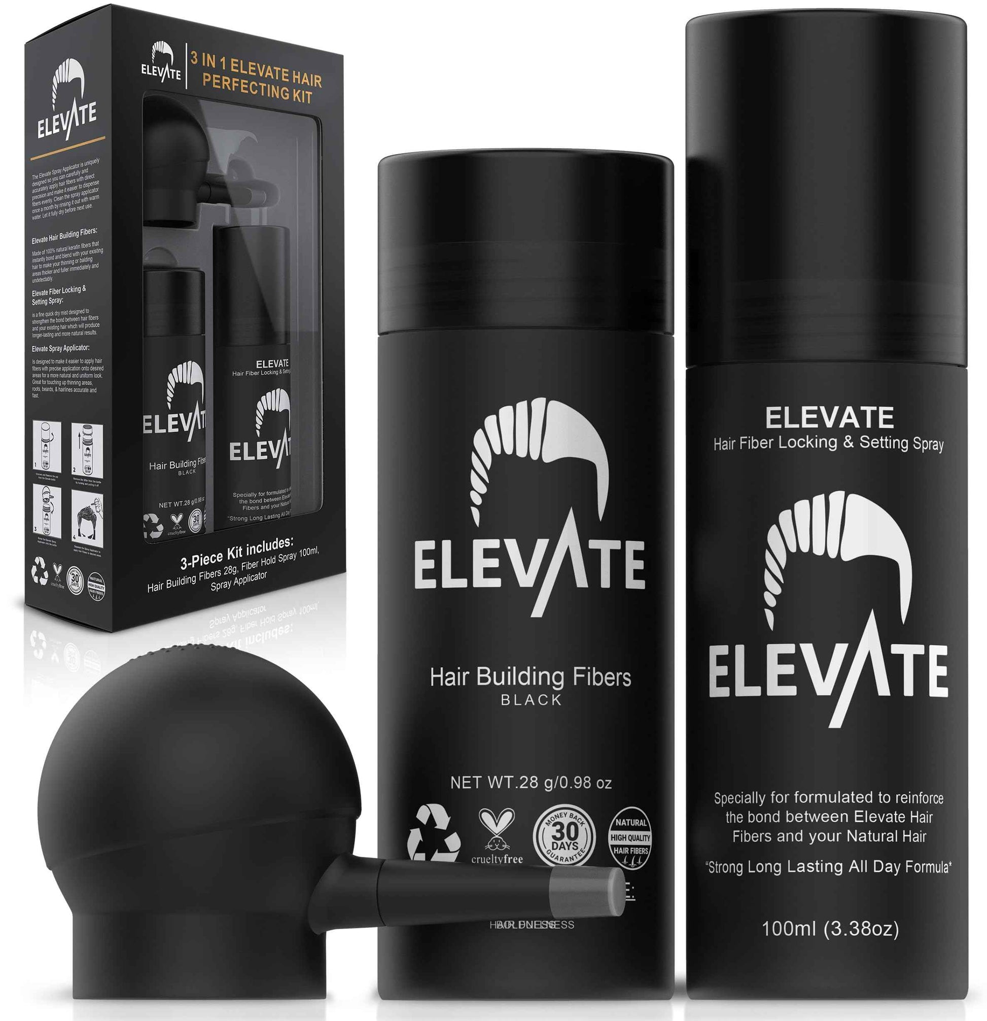 ELEVATE Hair Perfecting 3-in-1 Kit Set Includes Natural Hair Thickening Fibers & Spray Applicator Pump Nozzle & Locking Setting Hold Spray | Instantly Conceal Balding and Thinning Areas (Black)
