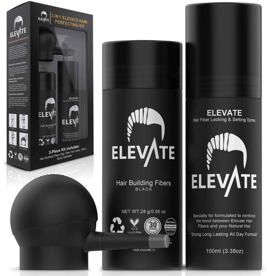 ELEVATE Hair Perfecting 3-in-1 Kit Set Includes Natural Hair Thickening Fibers & Spray Applicator Pump Nozzle & Locking Setting Hold Spray | Instantly Conceal Balding and Thinning Areas (Black)