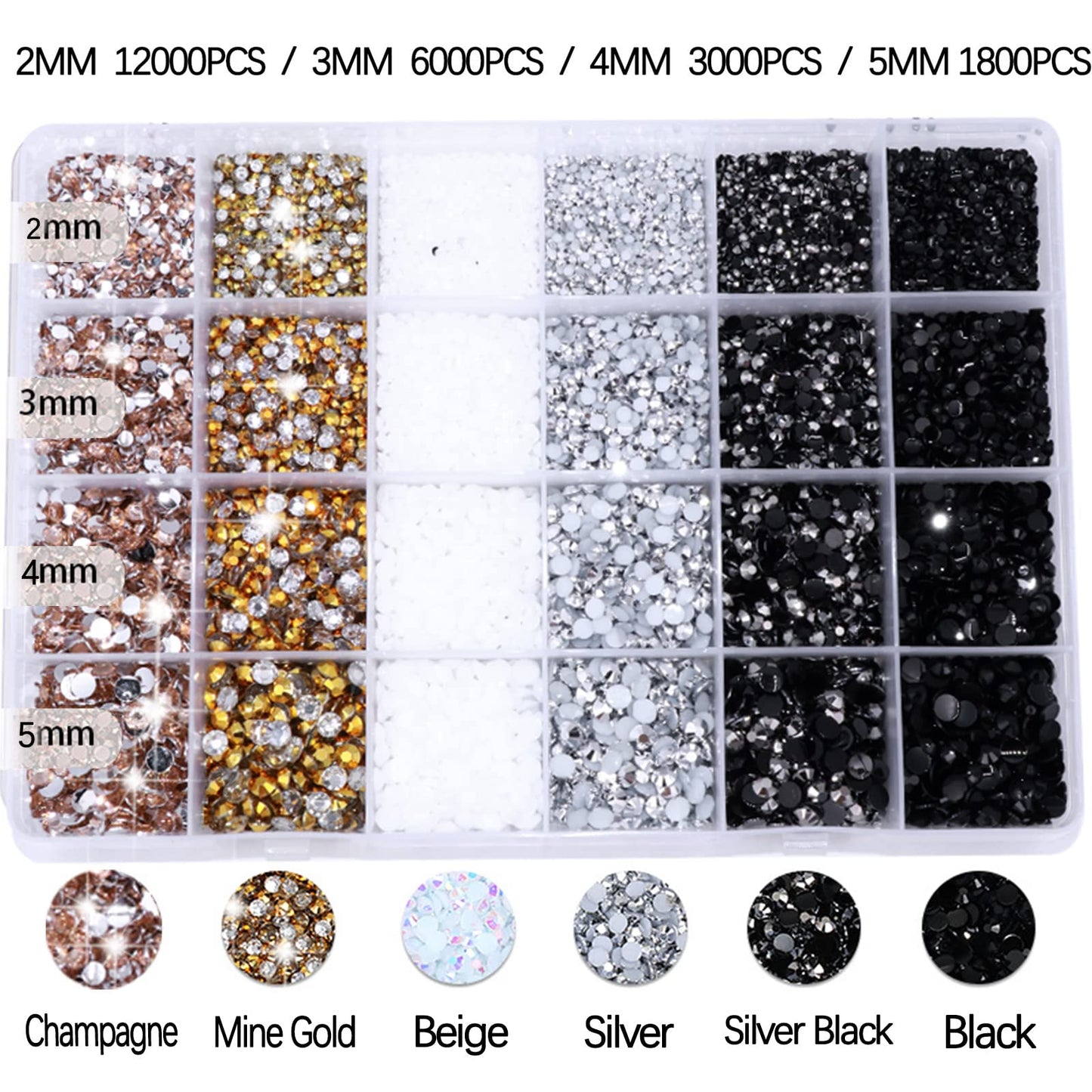 BELICEY 24000PCS Black White Resin Crystal Nail Rhinestones Round Beads Flatback Bulk Gems Stones Multi Sizes Gold Rhinestones Nail Crystals for Nail DIY Crafts Clothes Shoes Jewelry