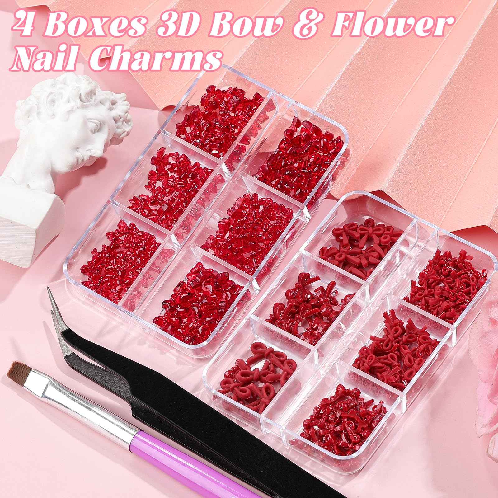2 Boxes 3D Bow Nail Charms, Red Mini Bow Charms Transparent/Solid Resin Bow with Pickup Tools for Women Nail Decorations DIY Craft