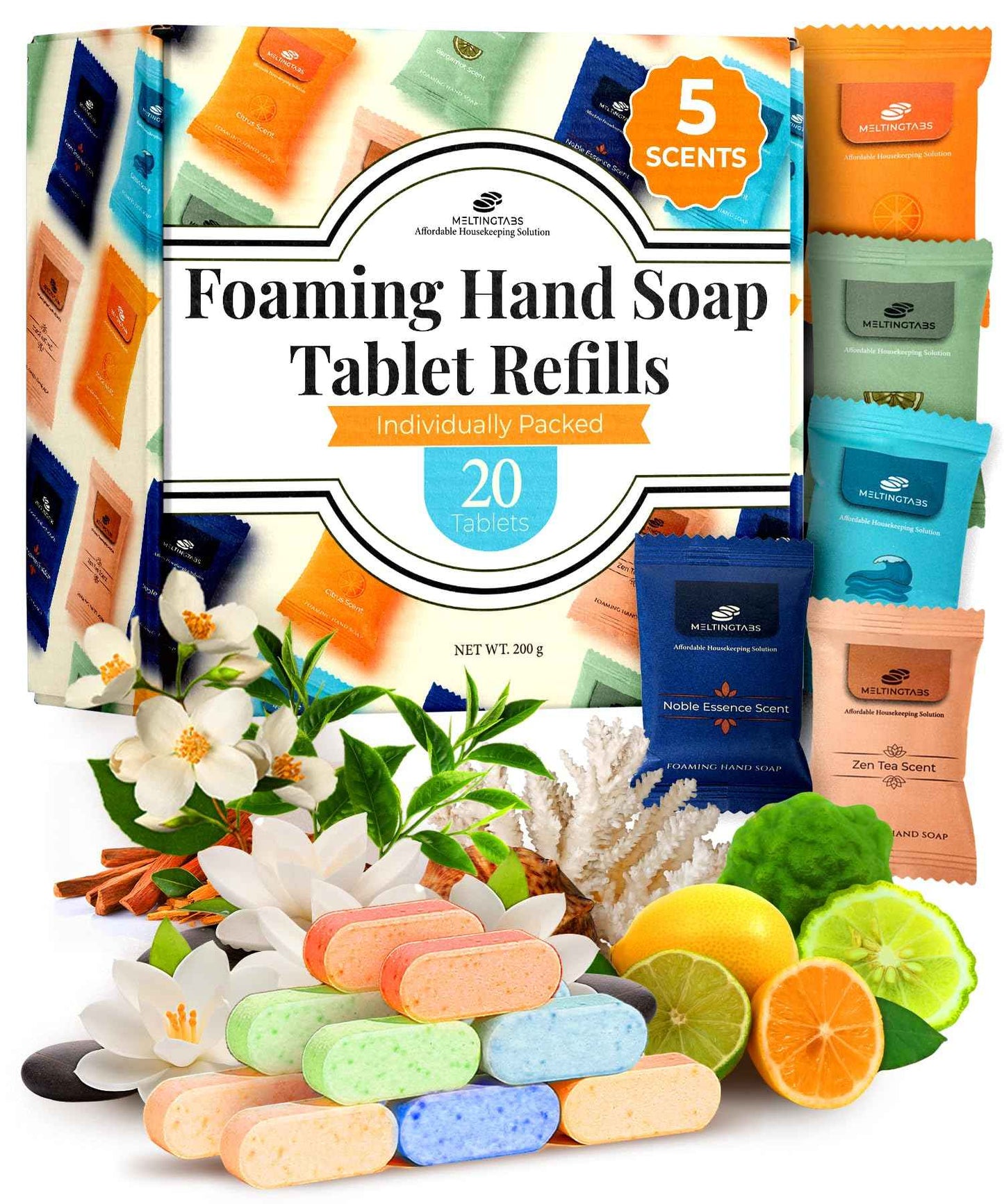 MELTINGTABS Assorted Foaming Hand Soap Tablets – 20 Tablets in 5 Scents (Citrus, Bergamot, Ocean, Noble Essence, Zen Tea) – Individually Packed, Concentrated Soap Refill for Foam Dispensers