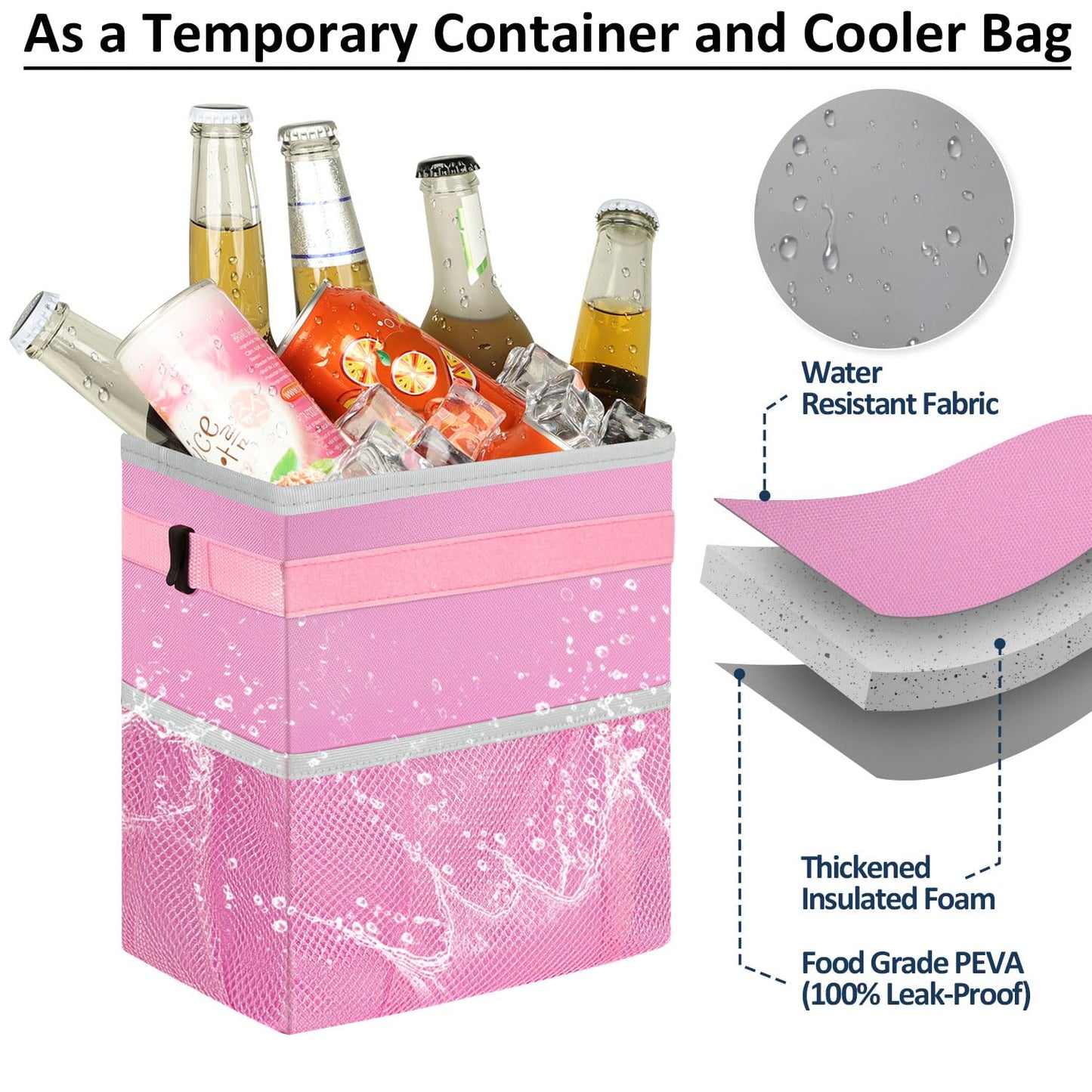 ELONGRIVER Car Trash Can for SUVs, Trucks, Vans - Pink, 2 Gallons Capacity, Leak-Proof Liner, Utility Clasps, Cute Design