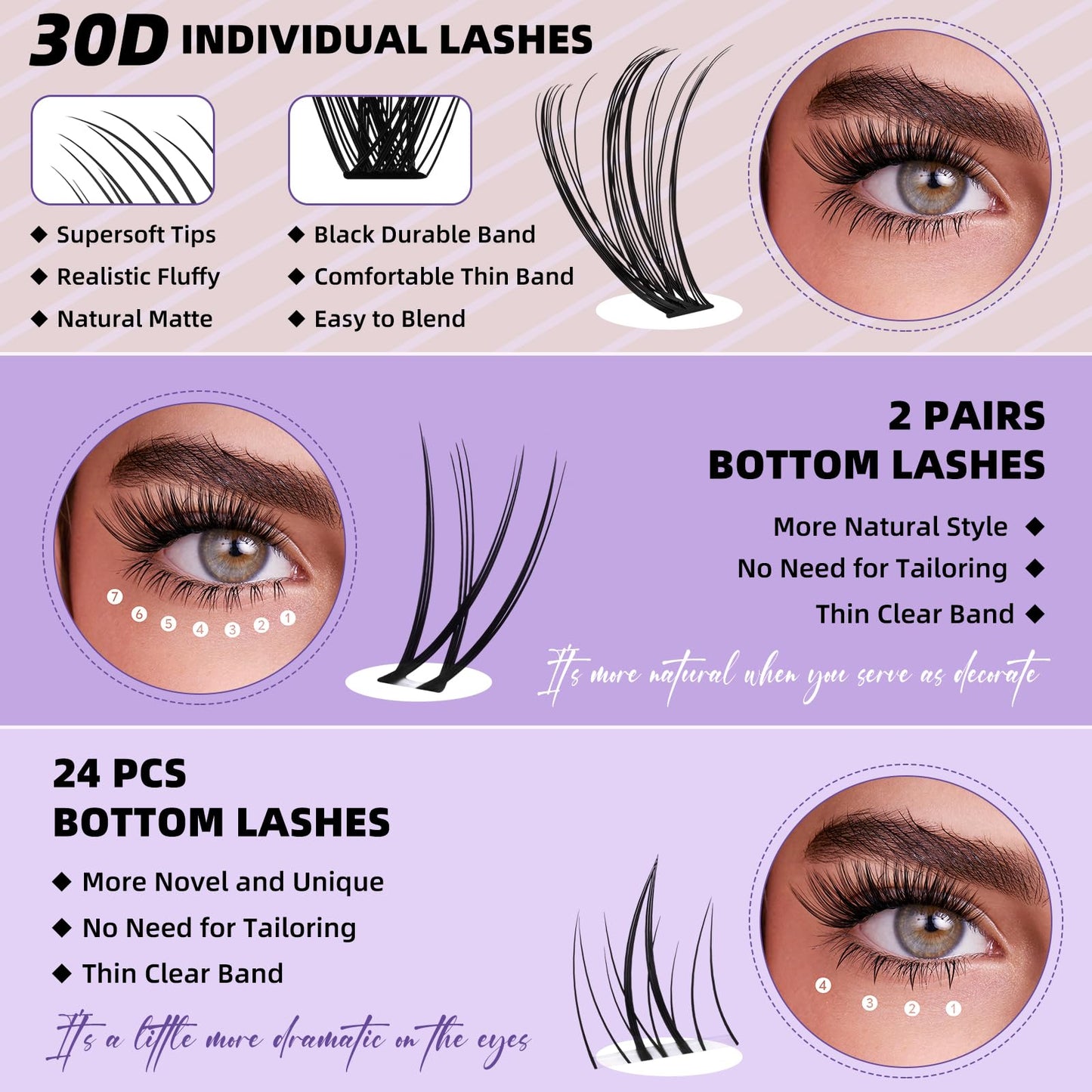 Eyelash Extension Kit with Bottom Lash Extension 10-18mm 30D D Curl Lash Clusters Kit with Bottom Lashes DIY Lash Extension Kit Bond and Seal Lash Applicator (Kit-30D-D-MIX10-18)