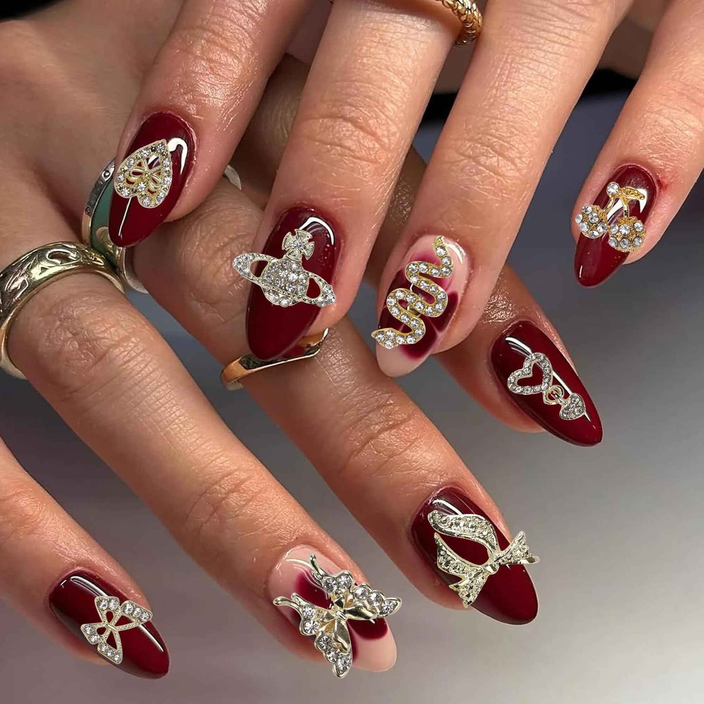 COOSLIM 30 Pcs 3D Y2K Nail Charms, Gold Cross Butterfly Star Cherry Heart Snake Nail Gems Charms, Bows Planet Nail Art Charms Rhinestones for Nail Art Design DIY Accessories B