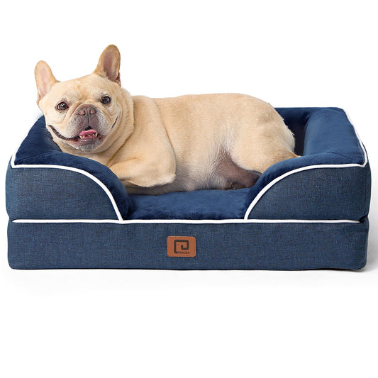 EHEYCIGA Orthopedic Dog Bed for Small Dogs, Waterproof Memory Foam Small Dog Beds with Sides, Non-Slip Bottom and Egg-Crate Foam Medium Dog Couch Bed with Washable Removable Cover, Navy