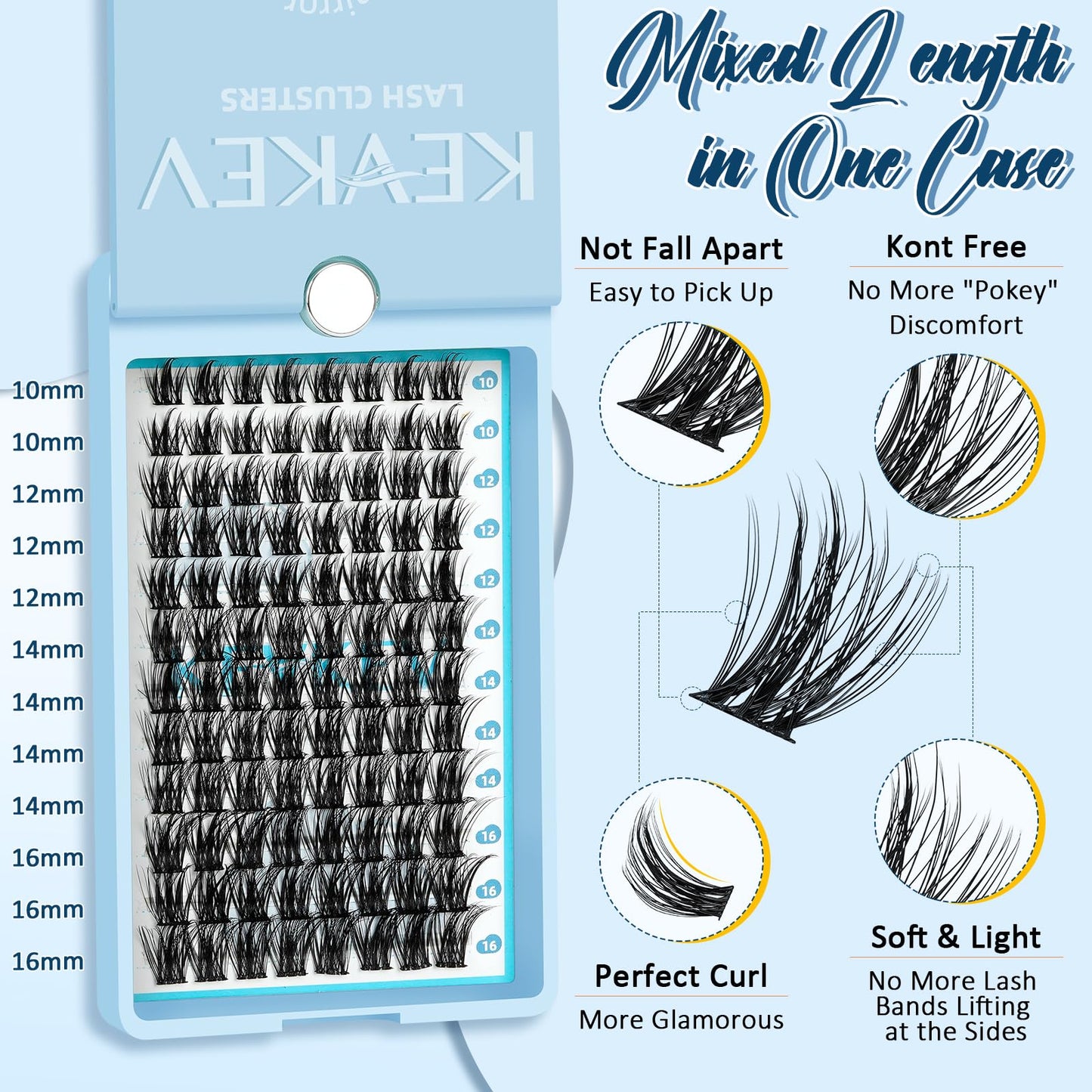 KevKev Lash Clusters 96 Pcs Cluster Lashes Special Spin Mirror Case DIY Lash Extension Soft & Comfortable Eyelash Clusters Thin Band Eyelashes with Mirror Easy to Apply (Cloudy,D-10-16mix)