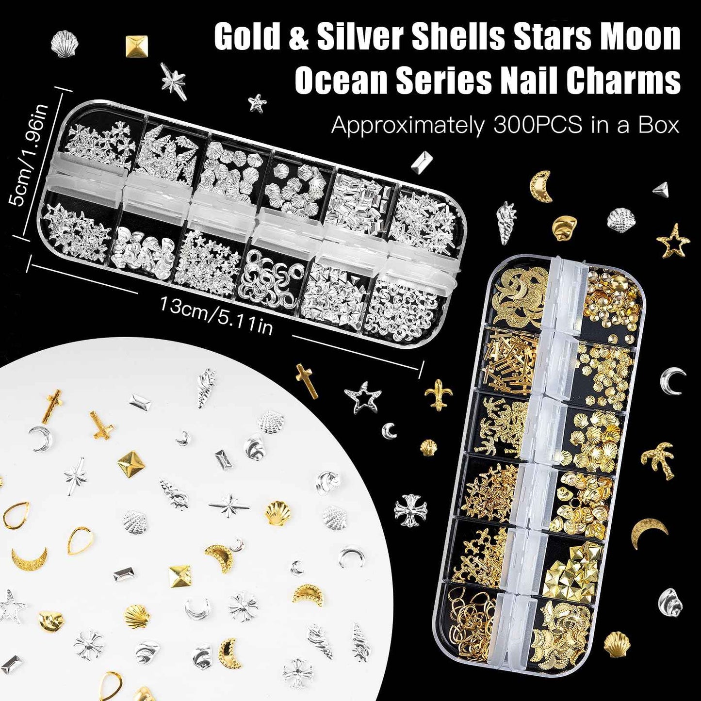 Madenia 600PCS 3D Nail Charms - Gold Silver Star Moon Shell Nail Gems DIY Crafts, Y2K Punk Metal Alloy Rivet Nail Studs for Nail Art Decorations Accessories