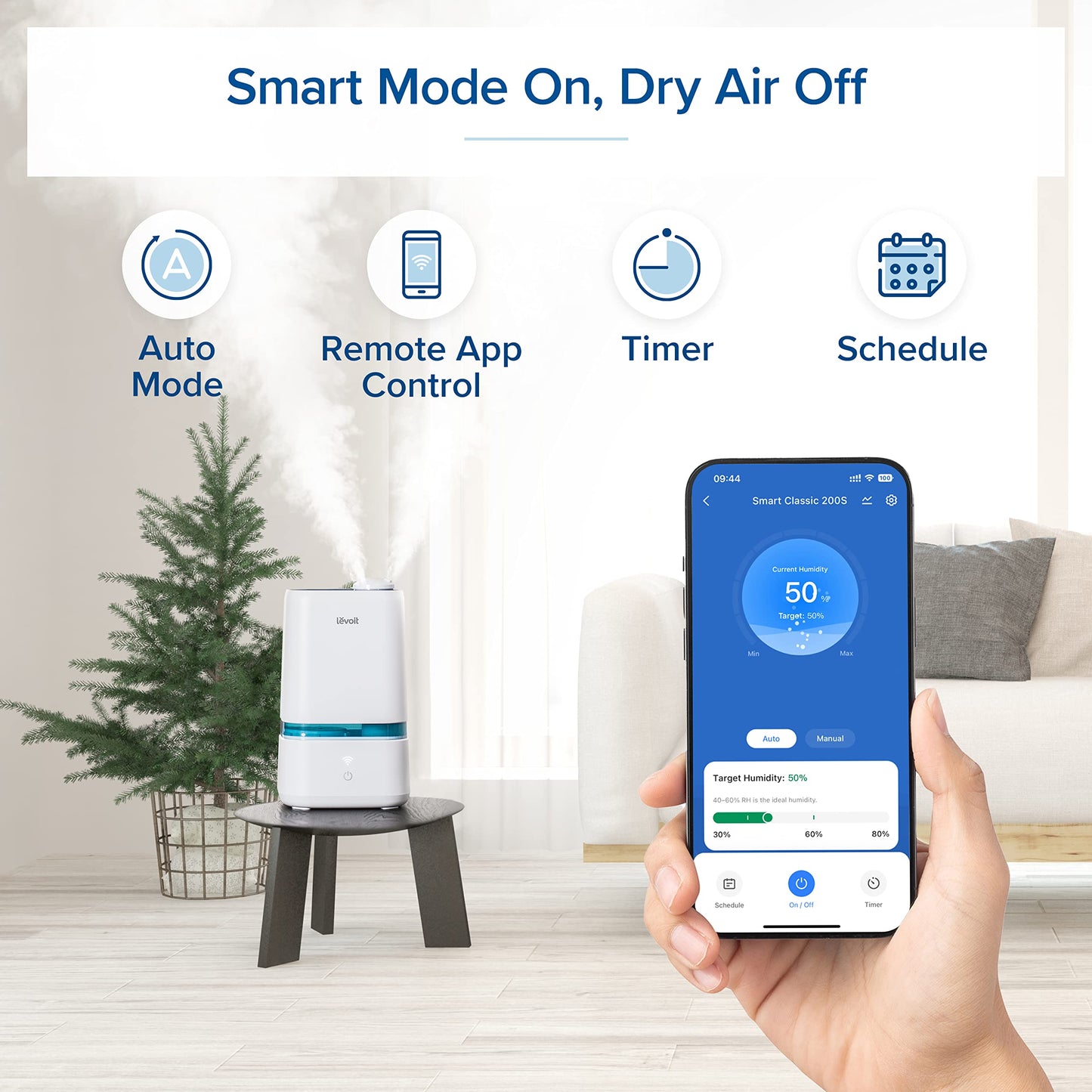 LEVOIT 4L Smart Cool Mist Humidifier for Home Bedroom with Essential Oils, Customize Humidity for Baby & Plants, APP & Voice Control, Schedule, Timer, Last up to 40Hrs, Whisper Quiet, Handle Design