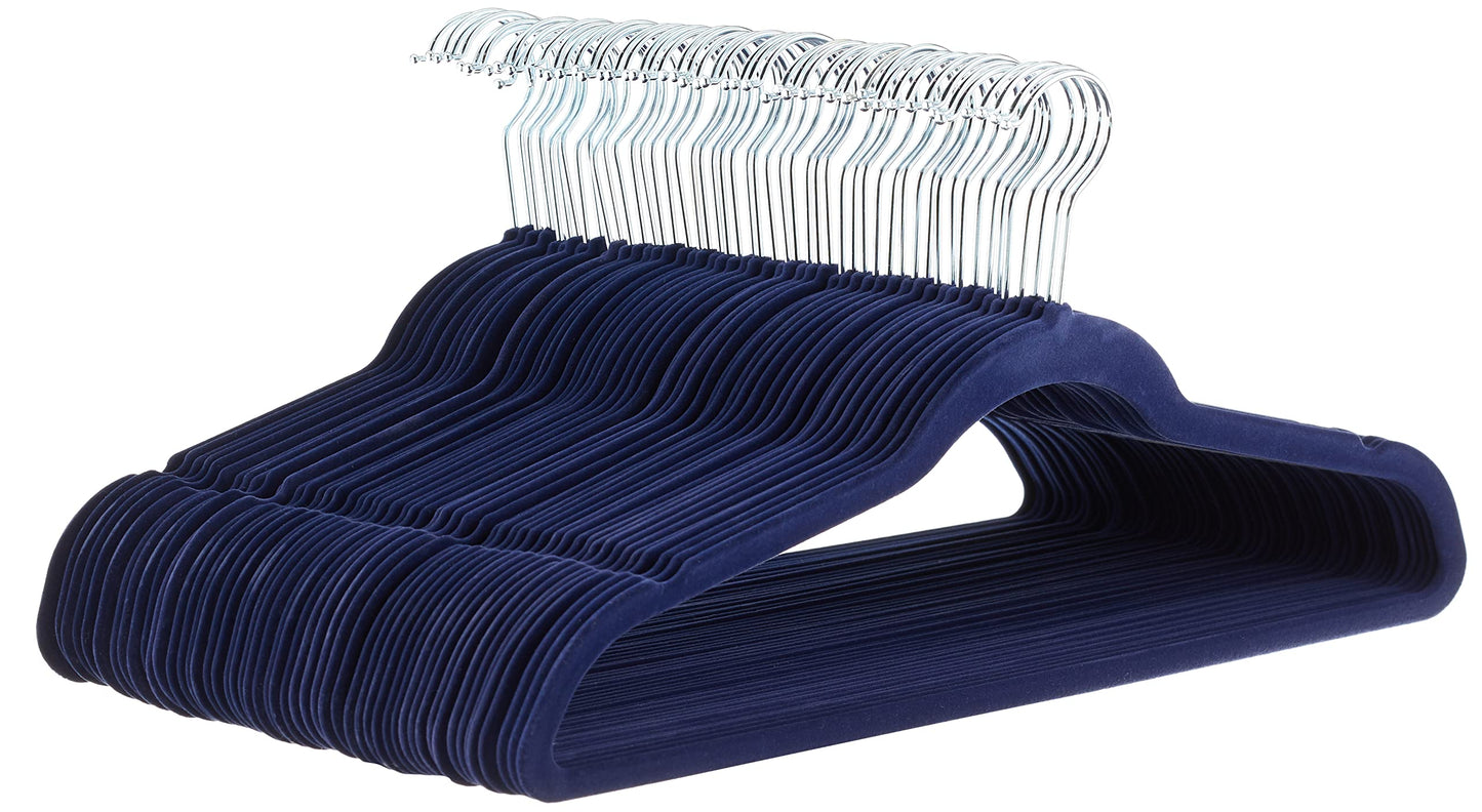 Amazon Basics Slim, Velvet, Non-Slip Suit Clothes Hangers, Navy Blue/Silver - Pack of 50