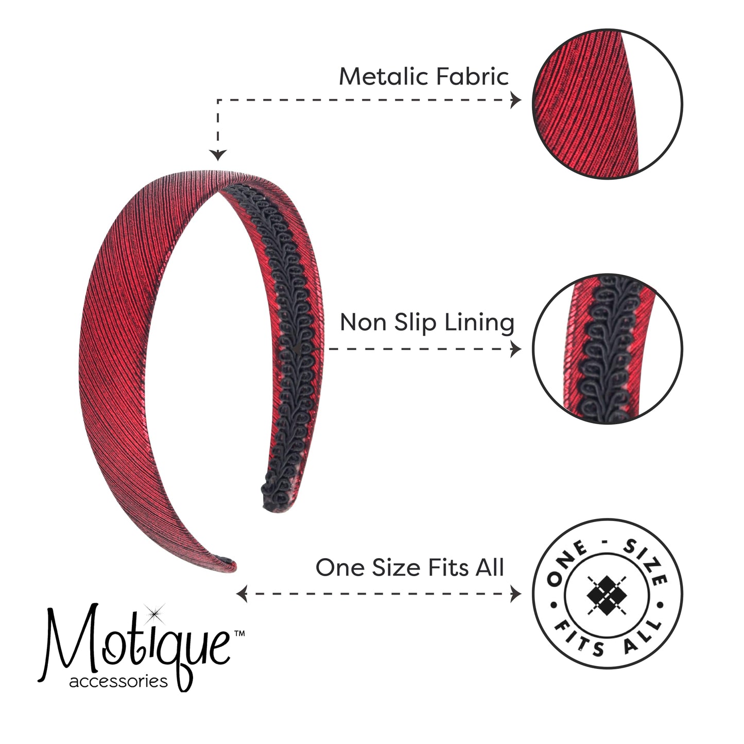 Motique Accessories 1 Inch Metallic Fabric Headband for Women andGirls (Red)