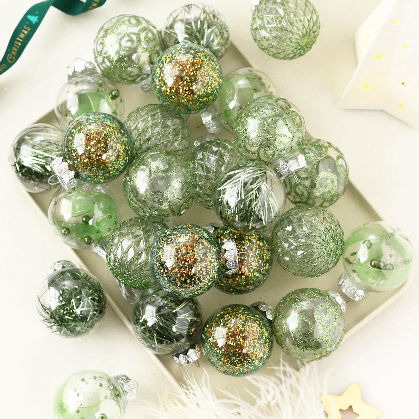 60MM/2.36" Clear Christmas Ornaments Set, 25PCS Shatterproof Decorative Hanging Ball Ornament with Stuffed Delicate Decorations, Xmas Tree Balls for Holiday Party - Green.