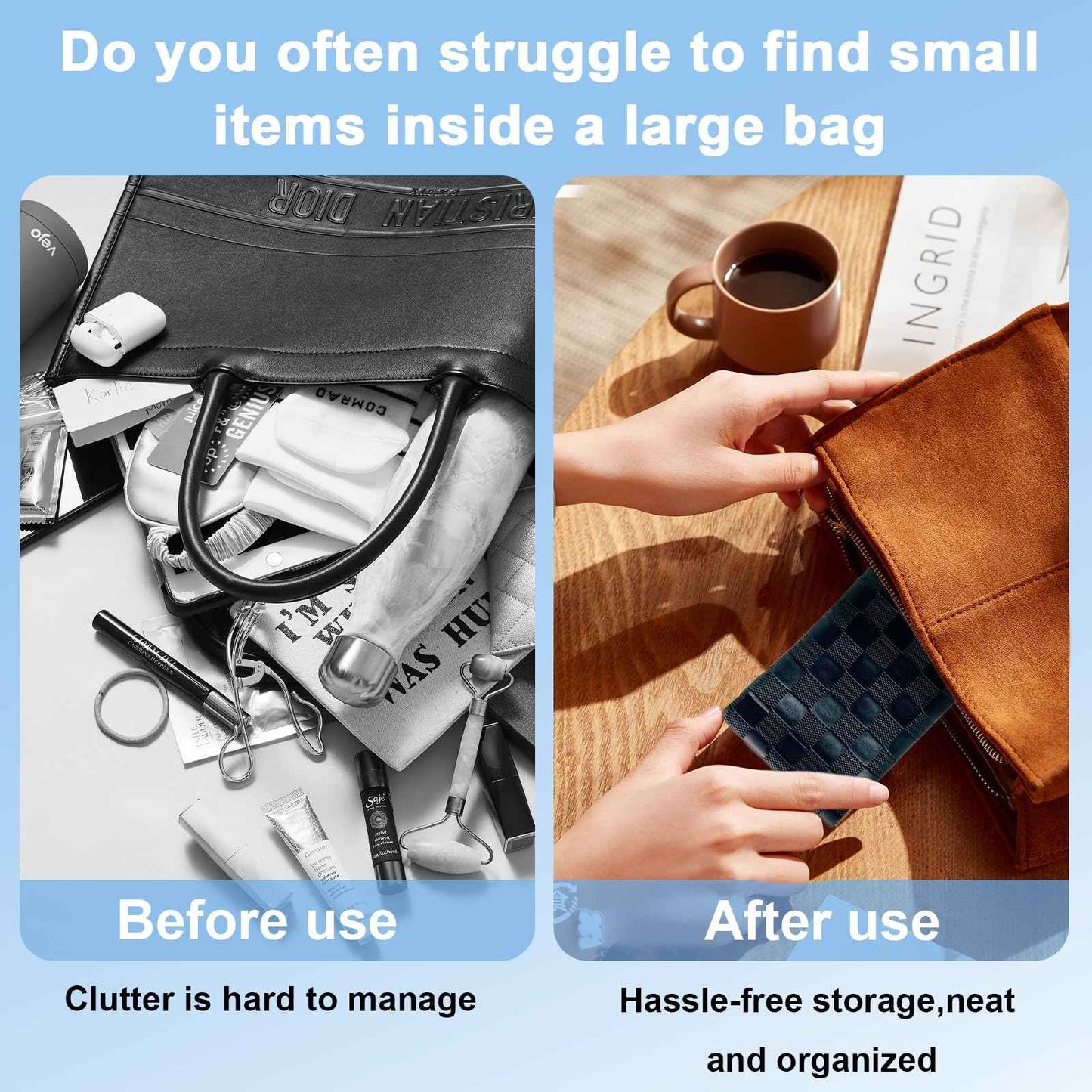 4PCS Small Makeup Bag for Purse, Mini Leather Pocket Cosmetic Bag for Women, Waterproof Portable Makeup Pouch No Zipper Coin Purse Lipstick Bag Accessories, Checkered Travel Storage Bag(Black, Brown)