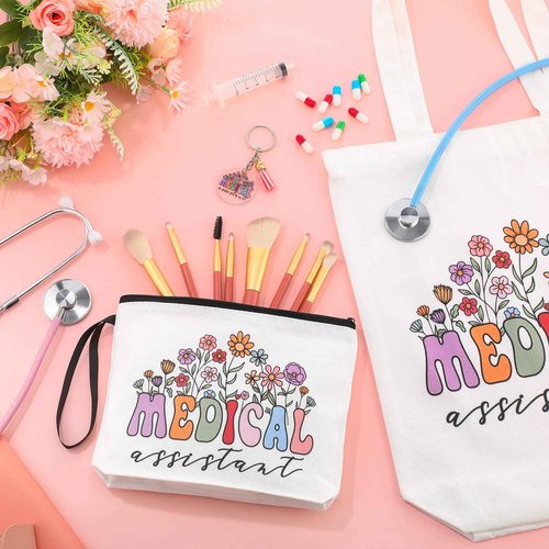 Sieral 6 Pcs Medical Gift for Women Tote Canvas Bag Makeup Cosmetic Bag Motivational Keychain Medical Assistant Pharmacist Appreciation Favor