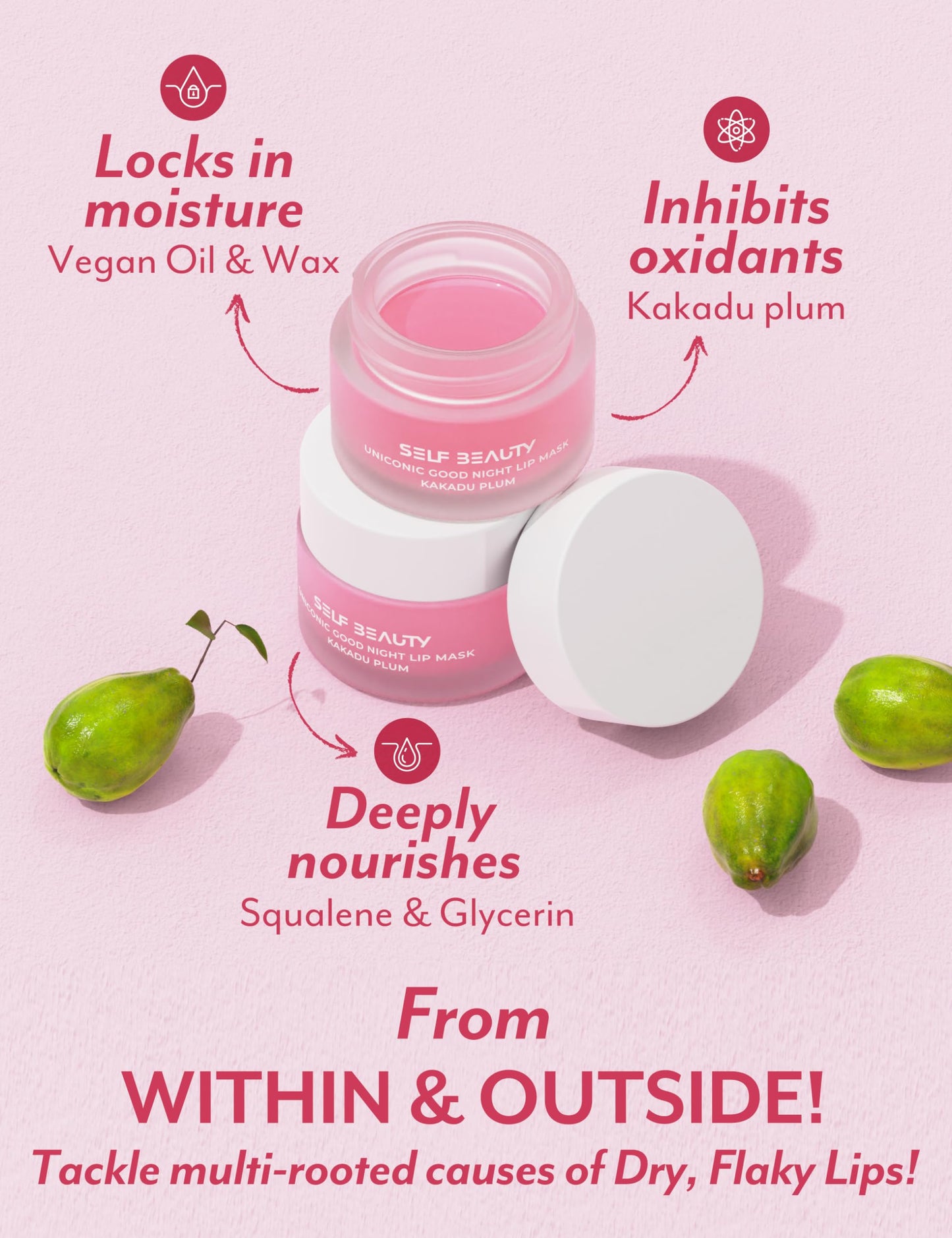 SelfBeauty Lip Mask - Kakadu Plum, Vegan Lip Balm, Daily Lip Moisturizer, Overnight Hydrating Lip Treatment with Vitamin C, Lip Scrub Exfoliator Intensive Lip Repair, 0.51fl.oz