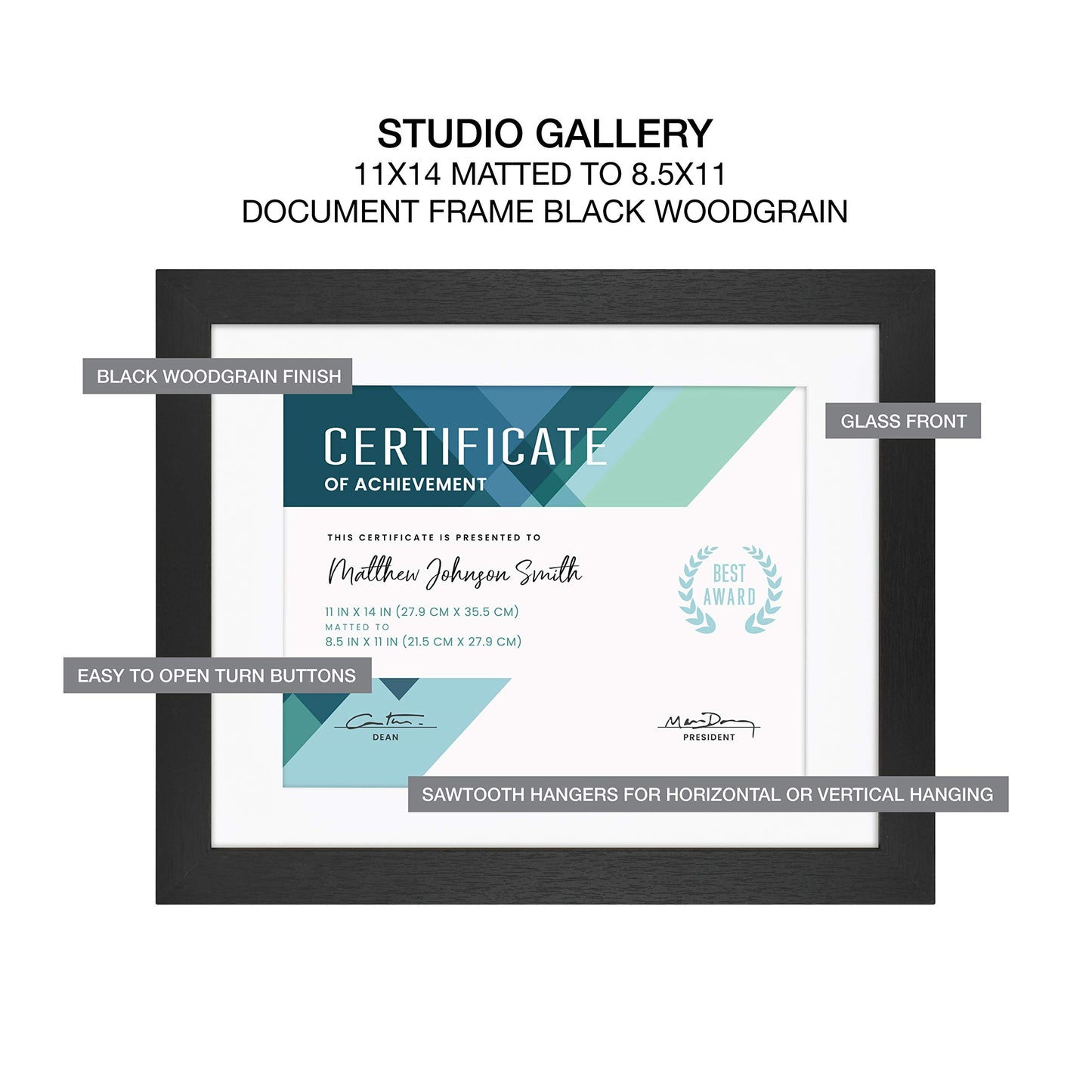 MCS Studio Gallery 11x14 Matted To Fit 8.5x11 Picture Frame Black Woodgrain, Rectangle Photo Frame for Photos, Posters & Art Prints (8-Pack)