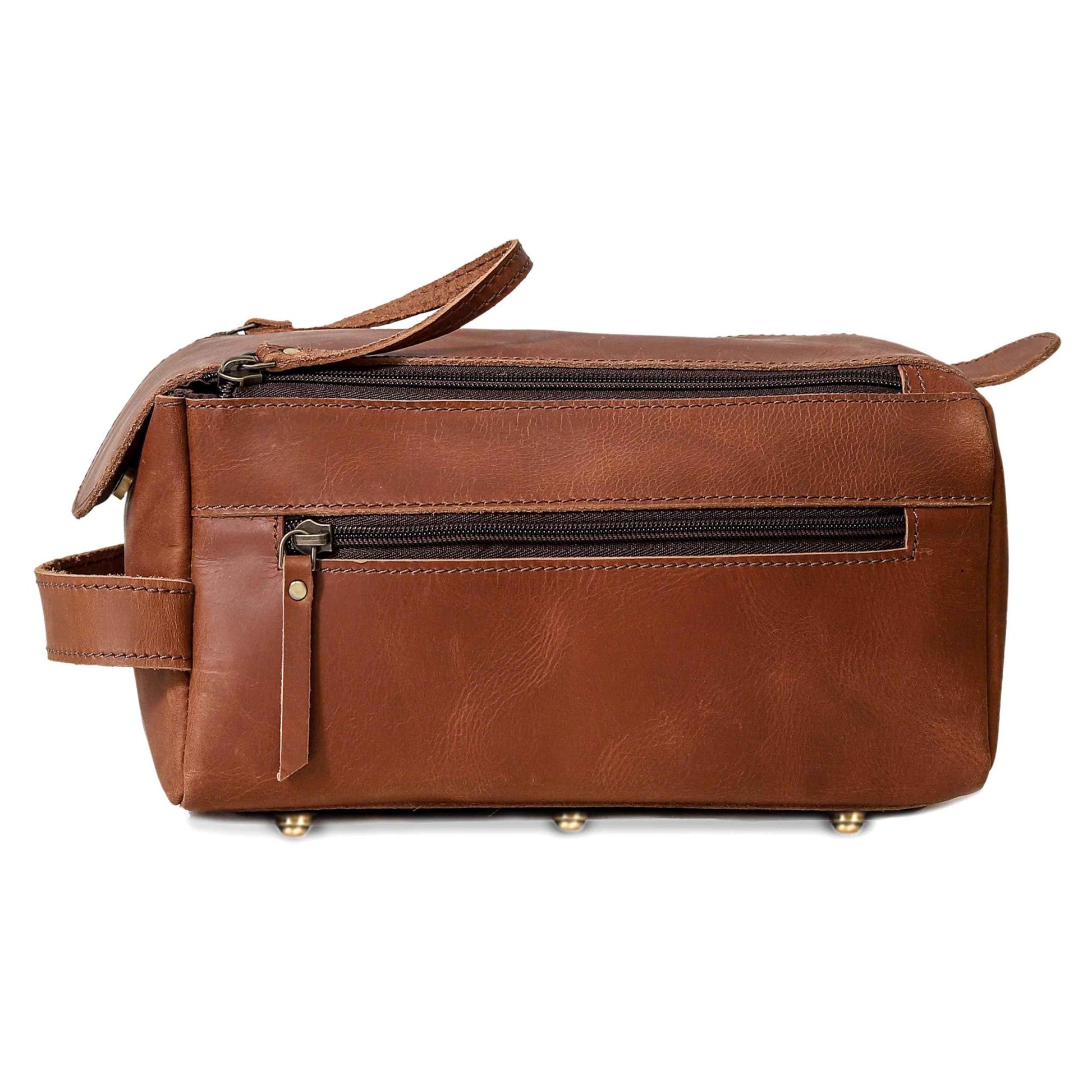 cuero Handcrafted Premium Genuine Buffalo Leather Toiletry Bag - Travel Dopp Kit for Men & Women, Ykk Dual Zipper Design for Quality and Style, Water Resistaant - Tan Brown