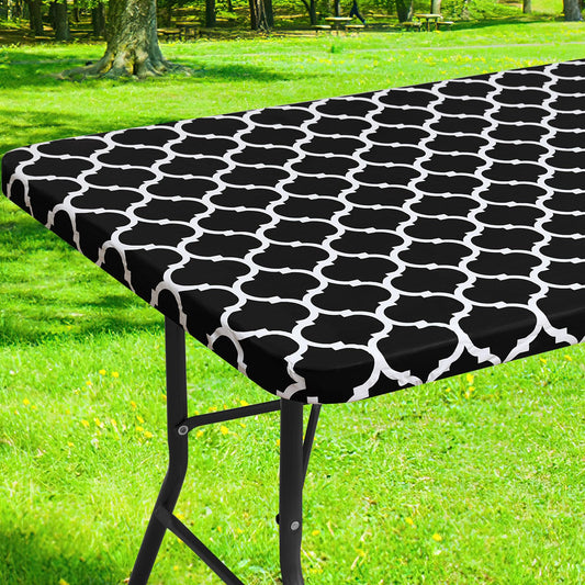 smiry Rectangle Picnic Tablecloth, Waterproof Elastic Fitted Table Covers for 8 Foot Tables, Wipeable Flannel Backed Vinyl Tablecloths for Camping, Indoor, Outdoor (Black Morocco, 30x96 Inches)