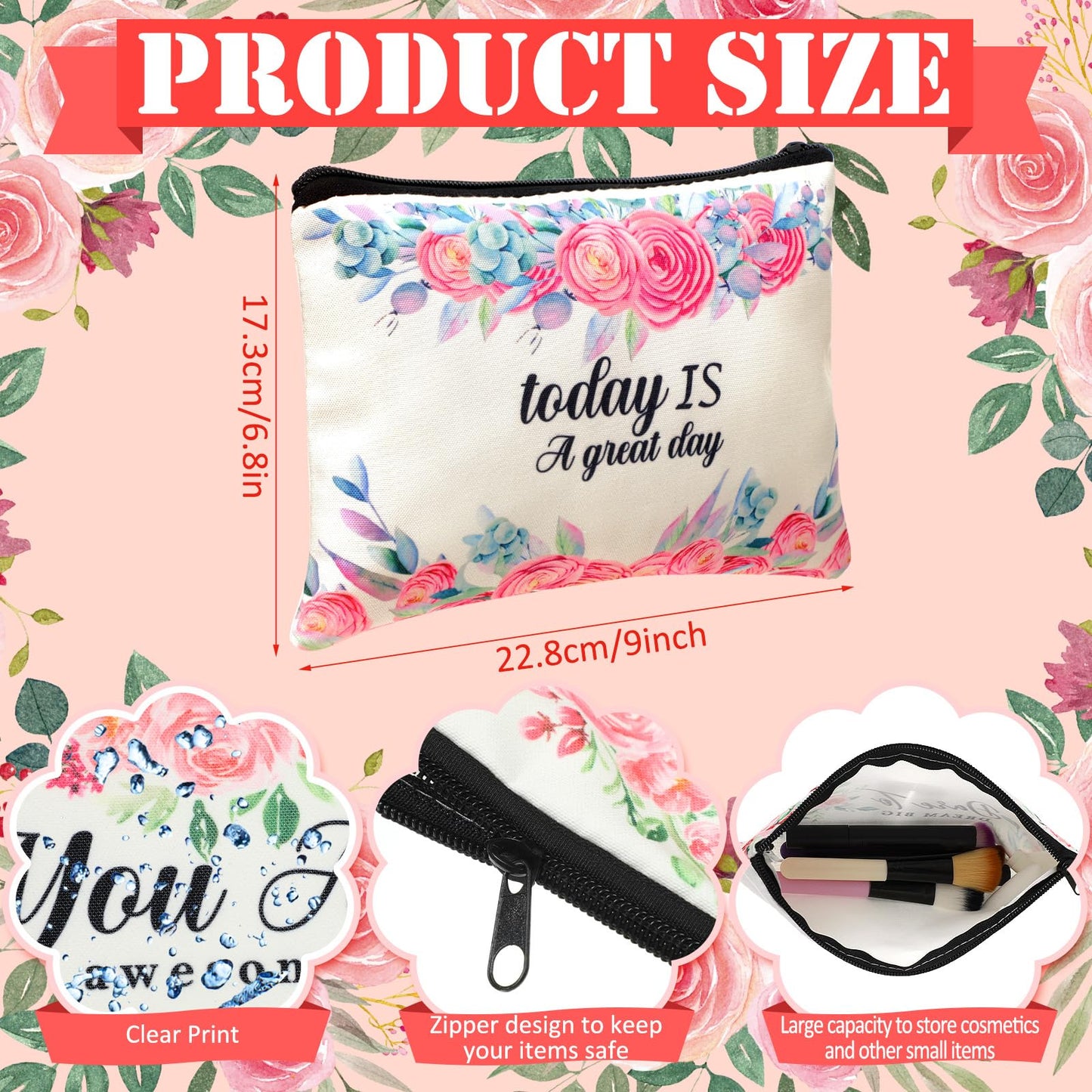 16 Pcs Canvas Cosmetic Bag Bulk Inspirational Quotes Makeup Bags with Zipper Encouragement Travel Toiletry Pouch Appreciation Gift for Christmas Women Girls Teacher Birthday Graduation Gift (Flower)