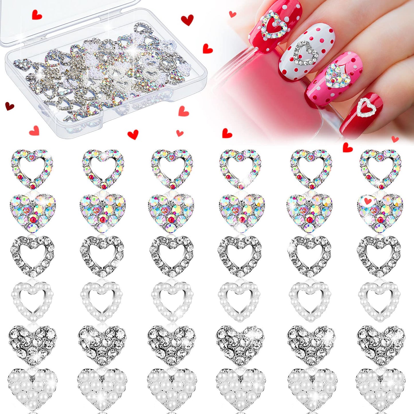 36 Pieces 3D Heart Nail Charms for Nail Heart Nail Rhinestone Decals Love Crystal Nail Charms Diamond Alloy Nail Gems Decorations for Women Girls Valentine's Day (Novel Style)