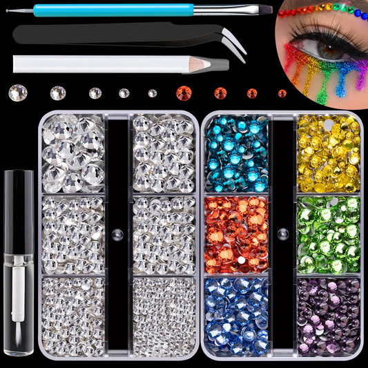 Colorful Face Gems for Makeup Set, Flatback Gorgeous Clear Glass Gem, Mixed-Colored Crystals with Makeup Glue+Picker Pencil+Tweezer+Dual-End Dotting Tool for Eye Body Hair Make-up and Nail Art Deco