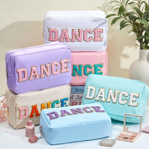 Clysee 6 Pcs Dance Makeup Bag Cosmetic Bag with Chenille Letter Patches Waterproof Portable Cheerleader Toiletry Zipper Pouch for Girl Women Appreciation (Pastel Colors)