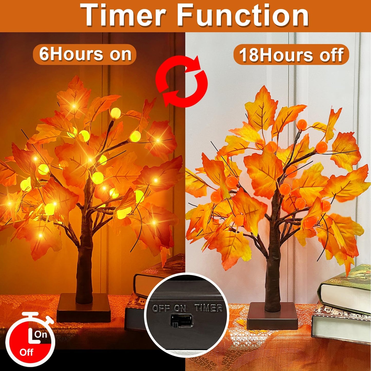 TURNMEON 18'' Fall Thanksgiving Lighted Maple Tree with Timer 24 Pumpkin Lights Battery Operated Lighted Artificial Maple Leaf Tree for Thanksgiving Decor Fall Autumn Harvest Home Tabletop Indoor