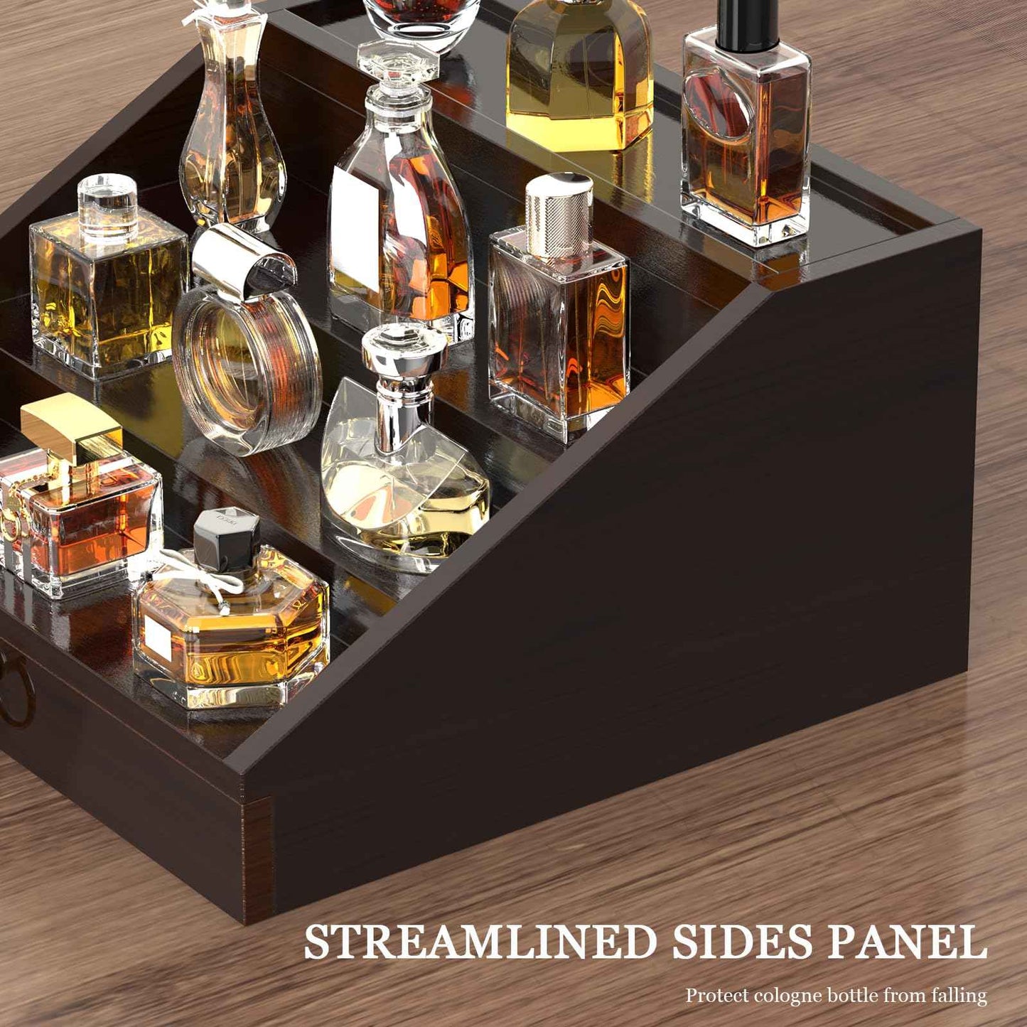 upcessory Wooden Cologne Organizer for Men Enhanced 4 Tier Cologne Stand Shelf Perfume Organizer with Velvet Lined Drawer & Hidden Storage Perfume Display Holder for Dresser Nice Gift (Stylish Brown)