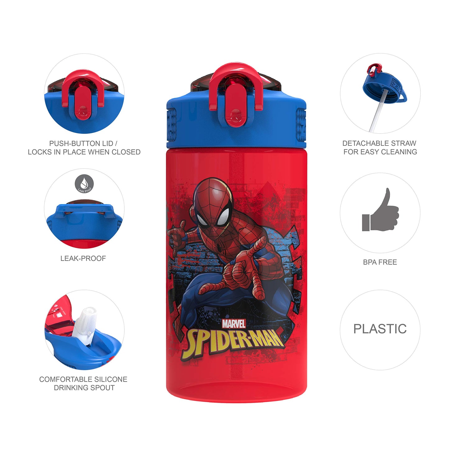 Zak Designs Marvel SpiderMan Kids Spout Cover and Built-in Carrying Loop Made of Plastic, Leak-Proof Water Bottle Design (BPA-Free), Red, 16oz