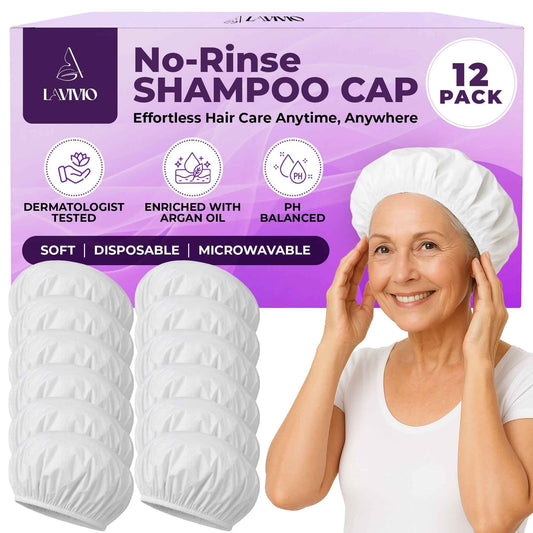 LAVIVIO No Rinse Shampoo Caps – Waterless Hair Washing Shower Caps for Bedridden Patients, Elderly, Hospital Use – Disposable Rinseless Conditioning Bathing Supplies with Aloe Vera, Vitamins - 12 Pack