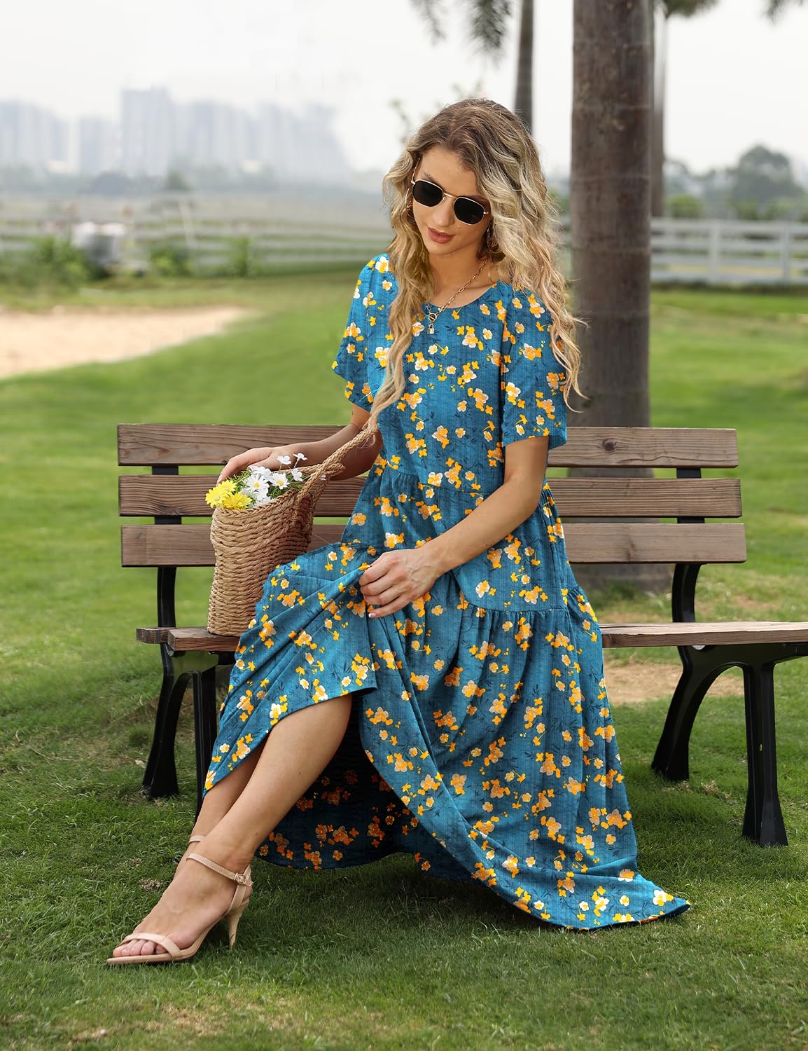 YESNO Women Casual Loose Bohemian Floral Dress with Pockets Short Sleeve Long Maxi Summer Beach Swing Dress S EJF CR416