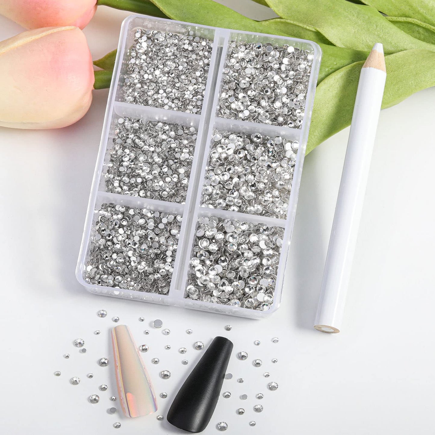 Beadsland 7200pcs Flatback,Clear Rhinestones Nail Gems Round Crystal for Crafts,Mixed 6 Sizes with Wax Pencil Kit, SS3-SS10