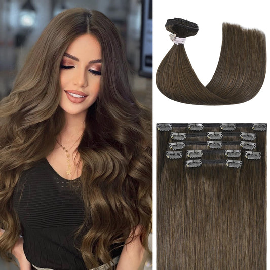 Honsoo Medium Brown Clip In Hair Extensions Real Human Hair 70g 7pcs 12inch Short Remy Human Hair Seamless Clips Soft Hair No Tangles For Women