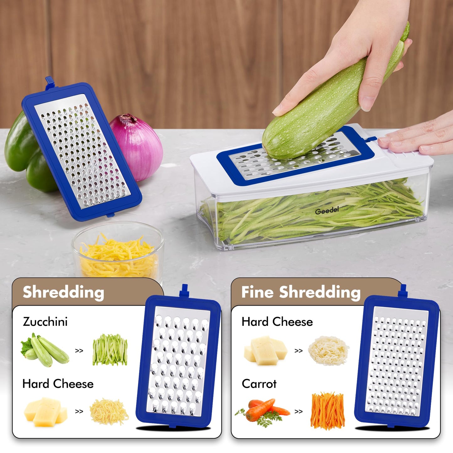 Geedel Vegetable Chopper, Onion Chopper Pro Food Chopper, Kitchen Vegetable Slicer Dicer Cutter Grater, Veggie Chopper with container for Salad Onion Potato Carrot (4 in 1, Blue)