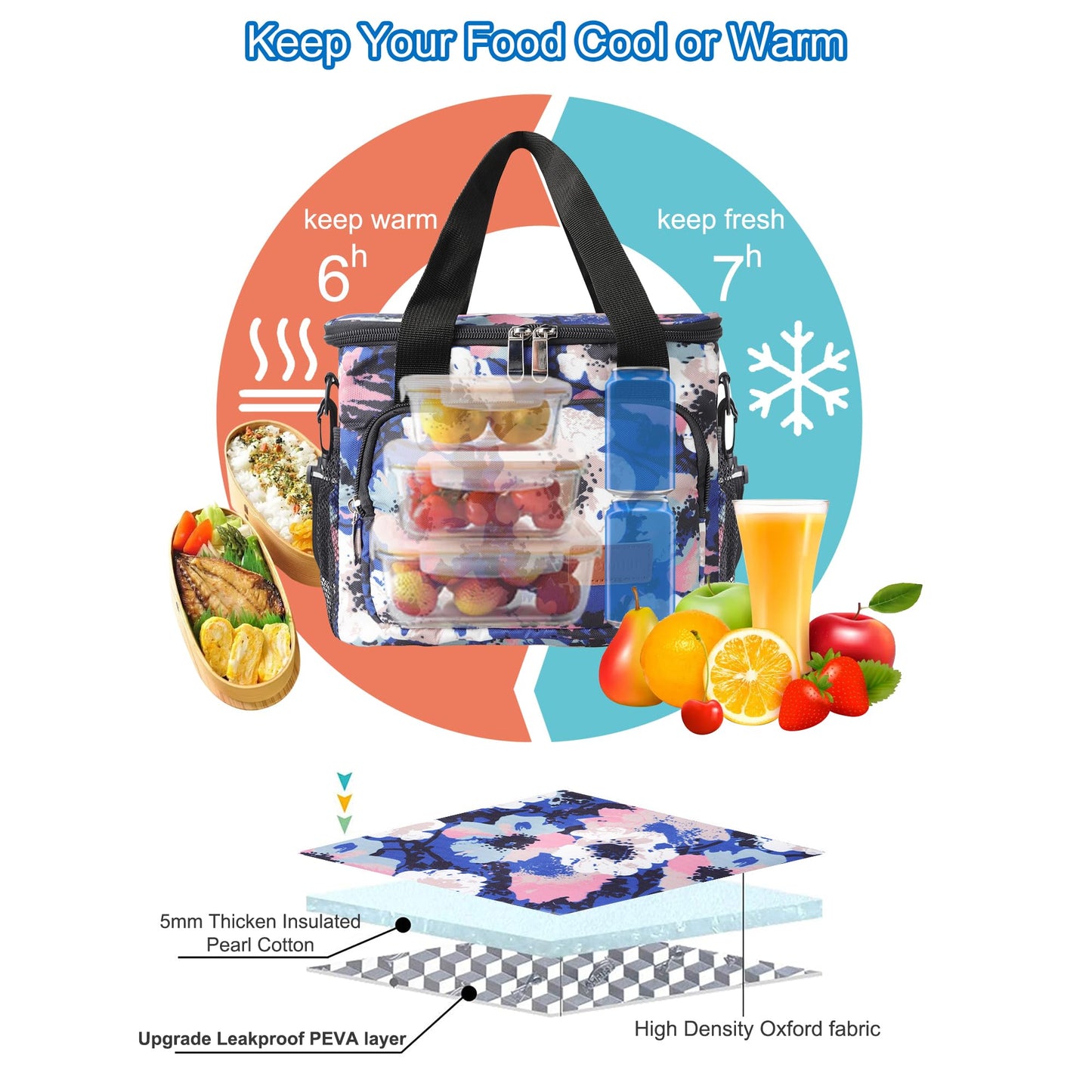 Femuar Lunch Bags for Women/Men, Insulated Lunch Bag for Work Office - Lunch Cooler Bag Leakproof Lunch Box with Adjustable Shoulder Strap - Ink foral