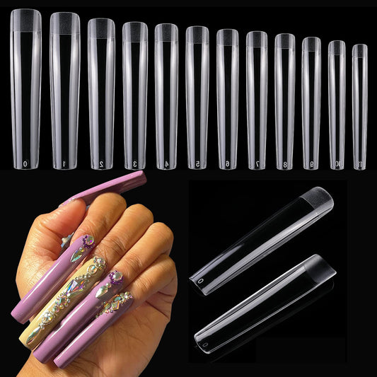 AddFavor 4XL Square Nail Tips Extra Long Clear Half Cover False Fake Nails Acrylic Nail Tips for Professional Acrylic Nails Salon and Home Manicure 120pcs Tips, 12 Sizes-7cm Length