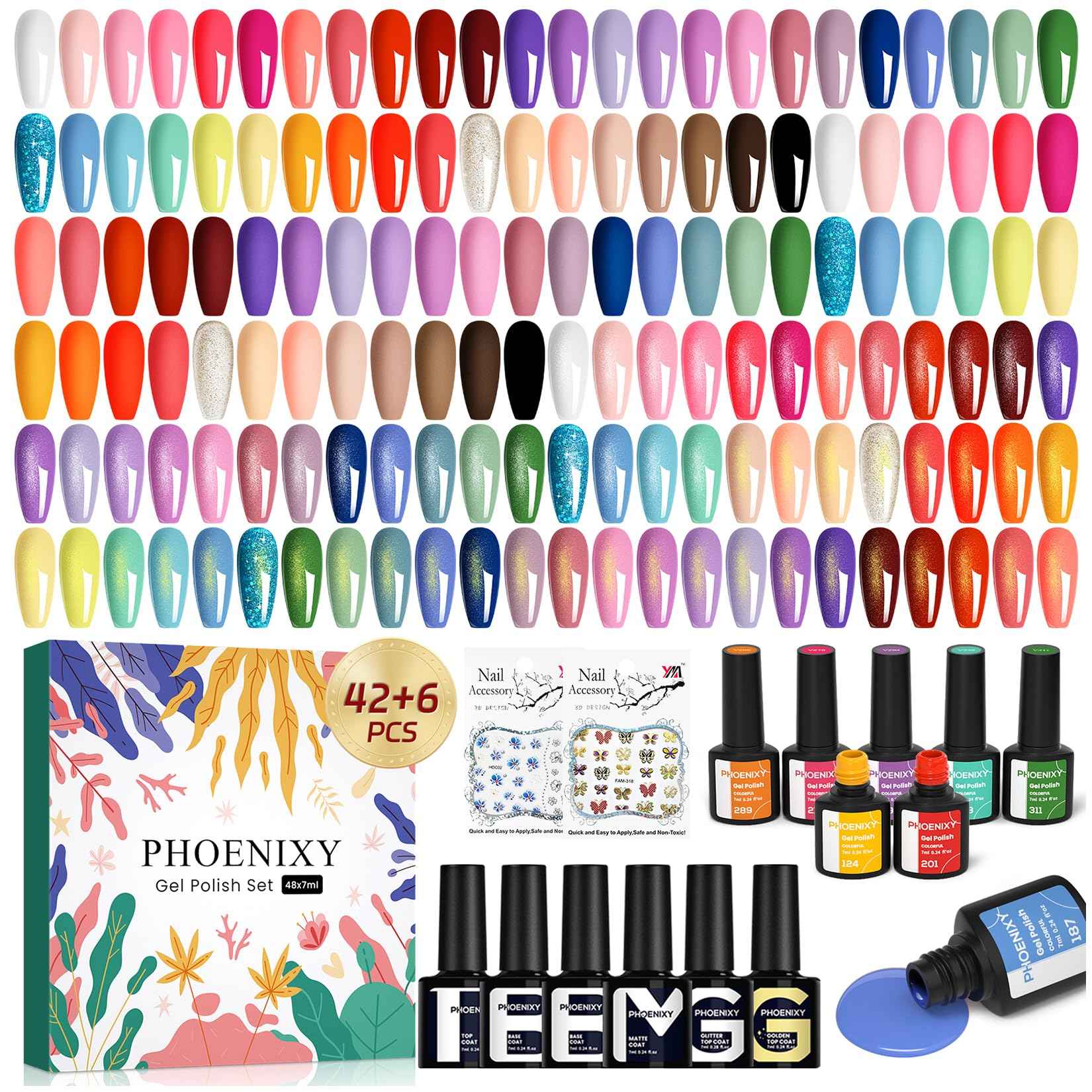 phoenixy 50 Pcs Gel Nail Polish Set, 42 Colors Gel Polish with Base Coat & 4 Effects Top Coat All Seasons Colors Gel Polish Kit Nail Starter Set Gifts for Women Girls