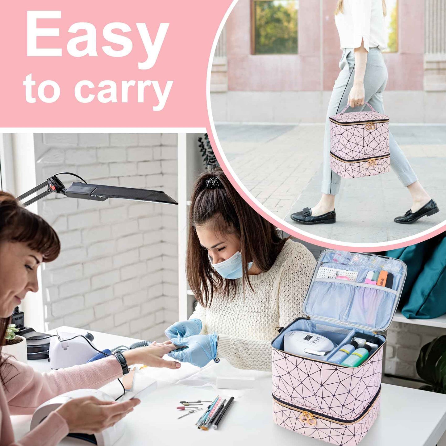 Uross Nail Polish Organizer Bag Holds 30 Bottles Nail Polish & Nail Kit -Nail Polish Storage Organizer Bag Nail Supplies Organizer Case for nail tech - Lightpink