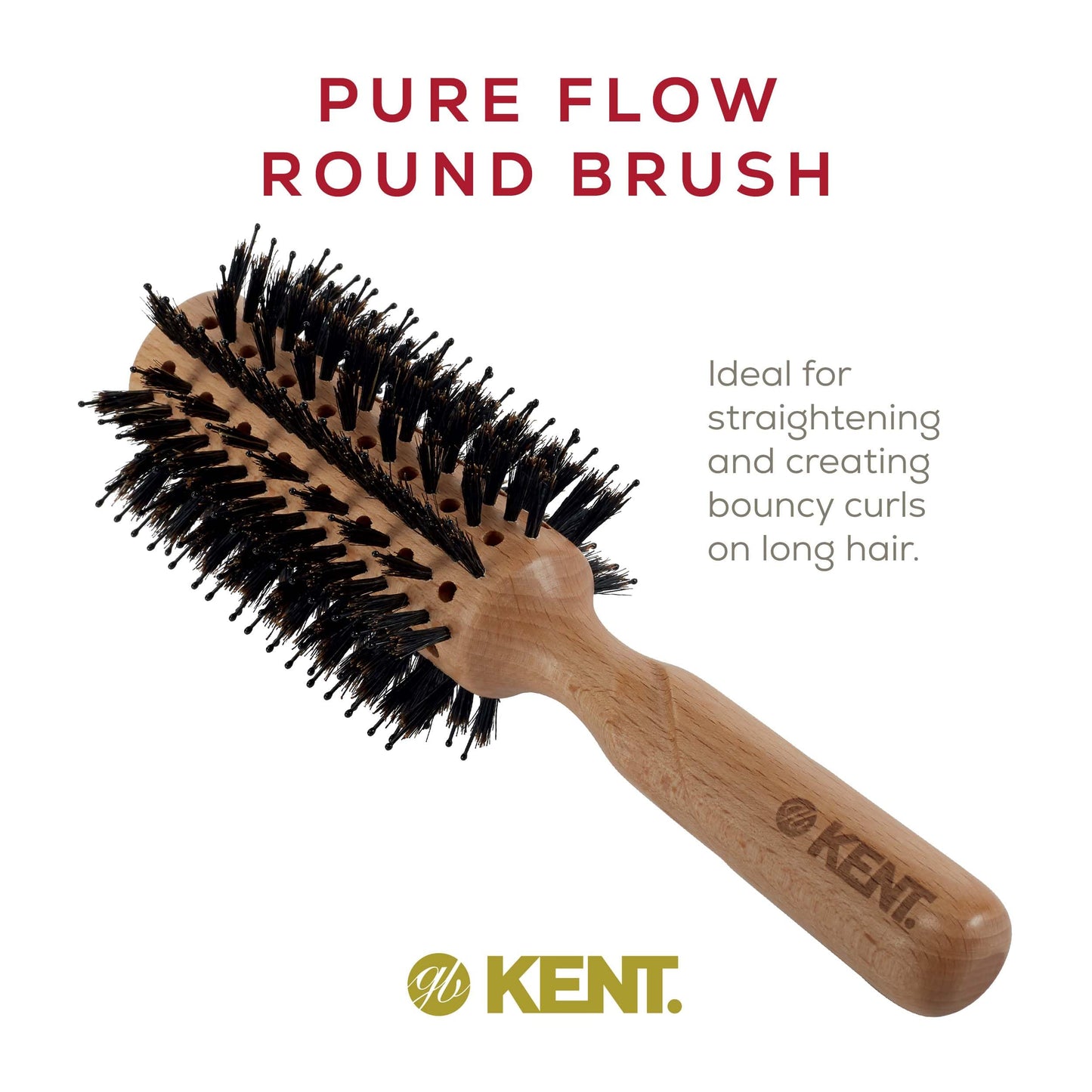 Kent LPF5 Pure Flow Large Vented Round Brush for Blow Drying - FSC Certified Beech Wood Brush Filled with Natural Boar Bristle and Nylon Bristle Hair Brush - Round Hair Brush for Blow Drying and Lift