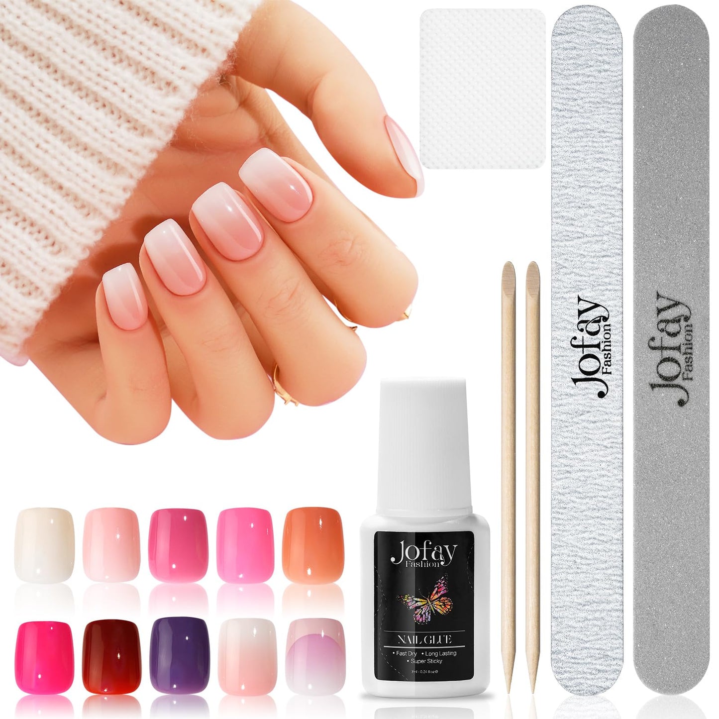 10 Packsï¼?40 Pcs) Press On Nails Short - Jofay Fashion Acrylic Soild Press On Nails Square Glue On Nails with Nail Glue, Fit Perfectly & Natural Stick On Nails Set (Classic Short Nails 1)