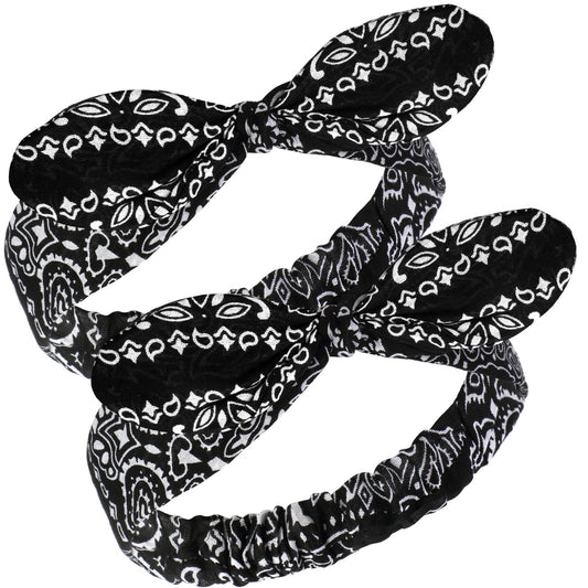 2 Pieces Bandana Headband for Women, Knot Retro Print Headbands Paisley Print Headband Headwrap Adjustable Headwrap(Black)