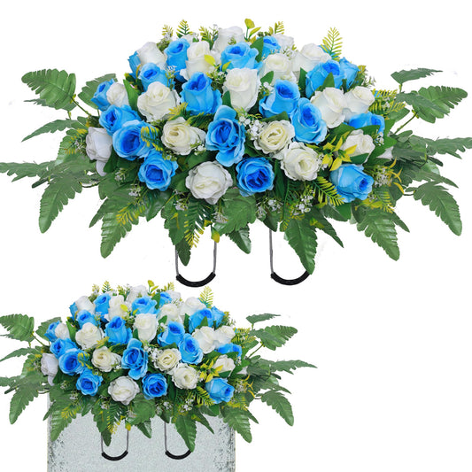 Lodou Artificial Cemetery Flower Saddles, Rose Headstone Flower Saddle Outdoor Grave Decorations,Cemetery Memorial Flowers with Vase for Grave Tombstone Decorations (Blue with White, Saddle)