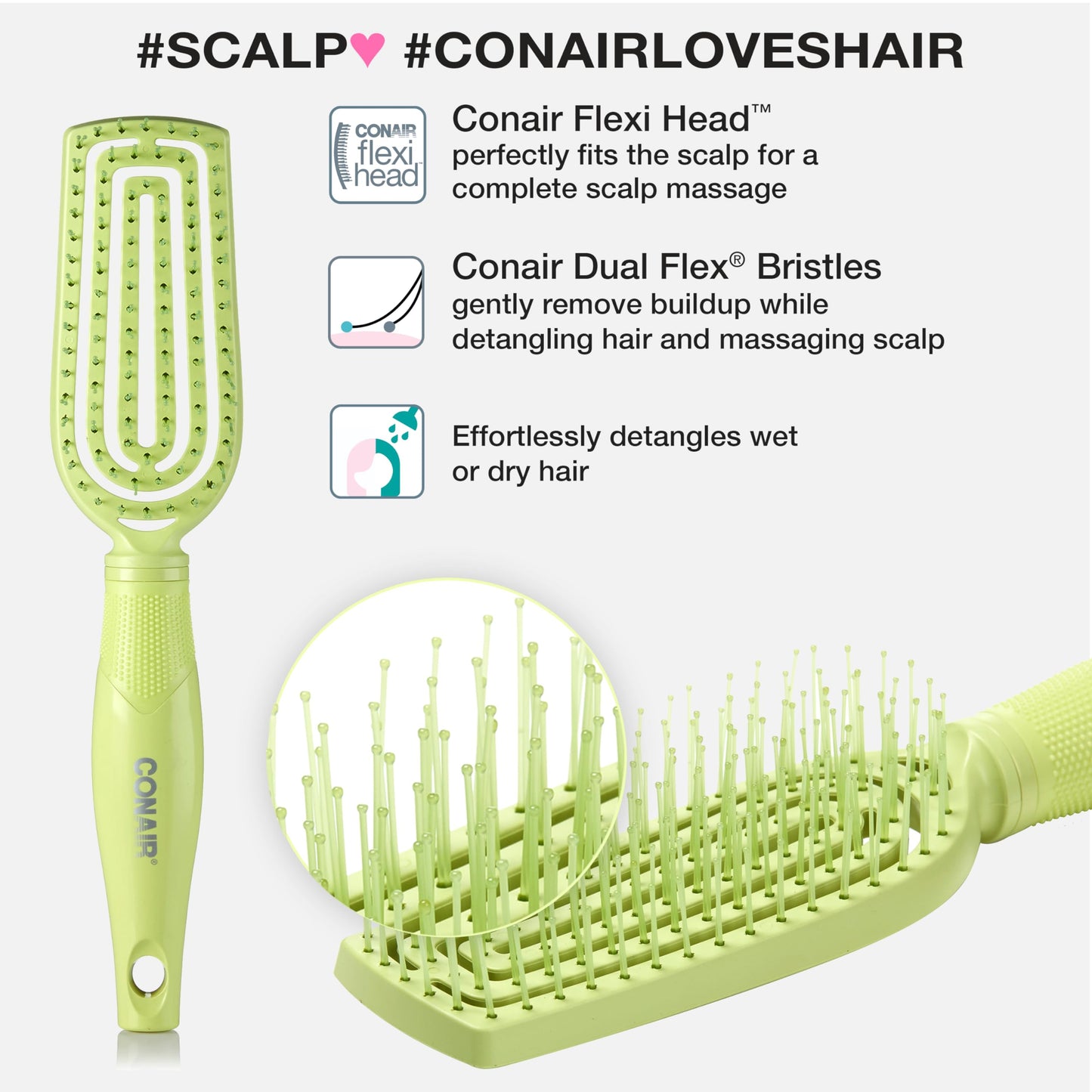 Conair Scalp Care Detangling Brush - Curly Hair Flexi Head Slim Brush with Massager