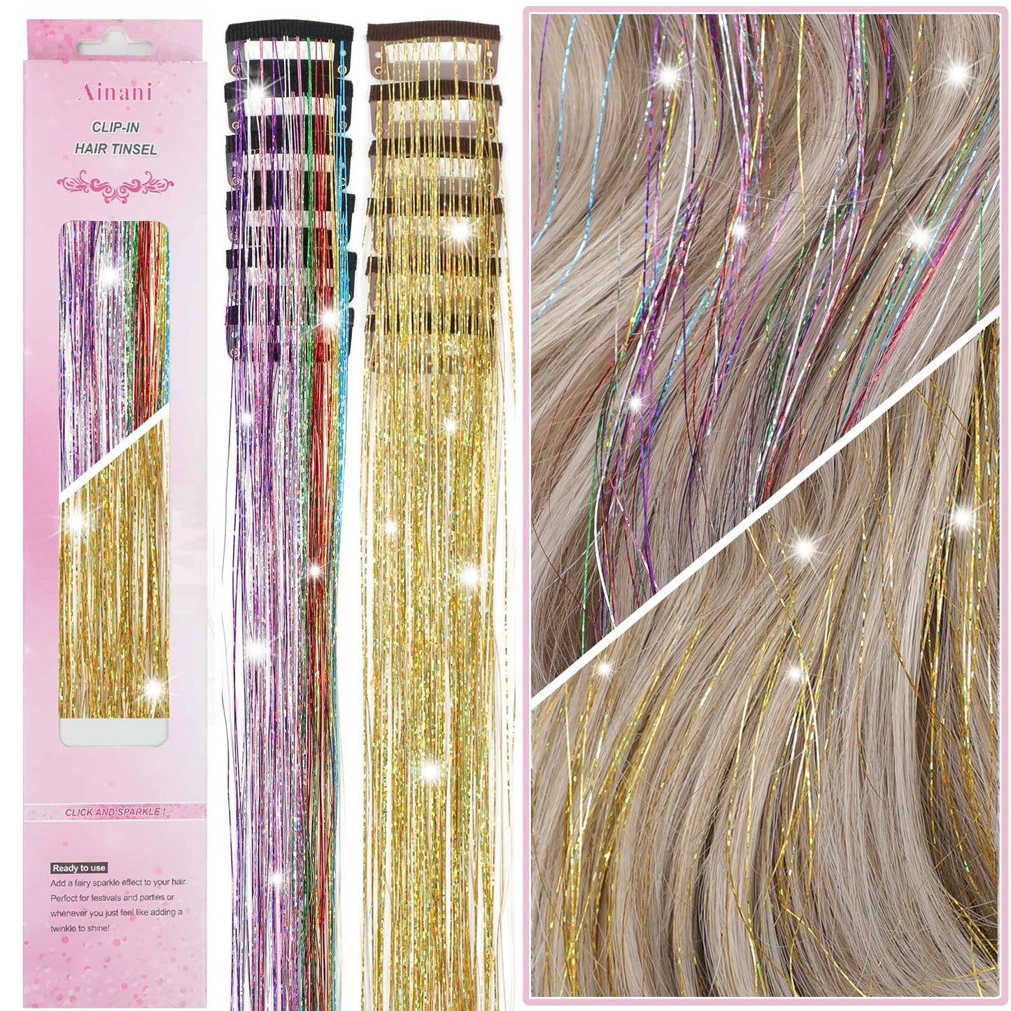 Ainani 12Pcs Hair Tinsel Clip in 20Inch Fairy Hair Clip in Hair Tinsel Glitter Tinsel Hair Extensions Heat Resistant Shinny Sparkly Hair Accessories for Girls Women Kids (Gold 6Pcs & Colorful 6Pcs)