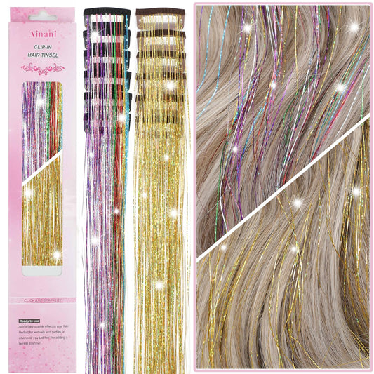 Ainani 12Pcs Hair Tinsel Clip in 20Inch Fairy Hair Clip in Hair Tinsel Glitter Tinsel Hair Extensions Heat Resistant Shinny Sparkly Hair Accessories for Girls Women Kids (Gold 6Pcs & Colorful 6Pcs)