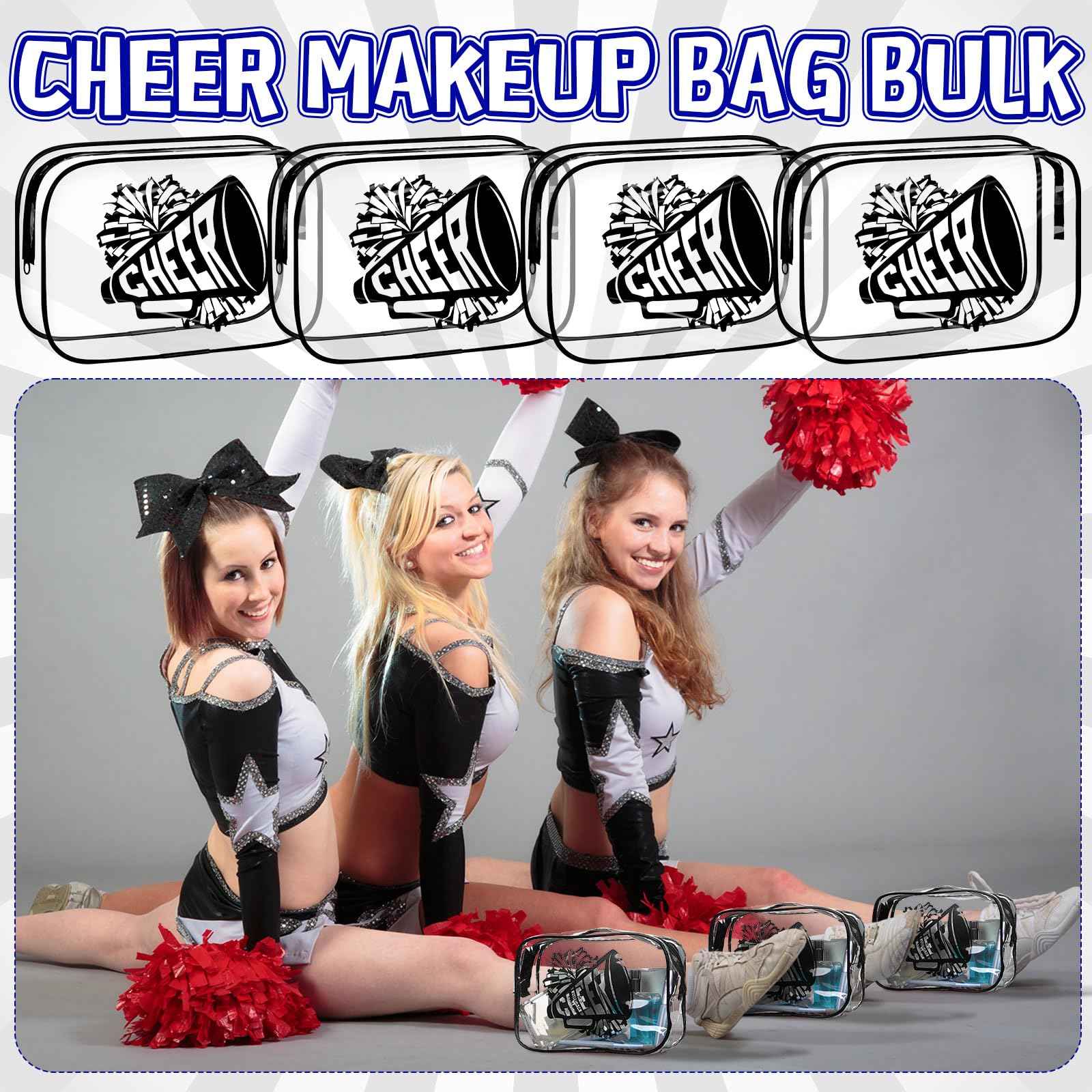 Kacctyen 24 Pcs Black Cheer Makeup Bag Cheer Gifts Bulk for Team 7 x 4.7 x 2.4'' Cosmetic Bag Cheerleader PVC Makeup Case Clear Toiletry Zipper Pouch for Cheerleading Teammates Party Supplies