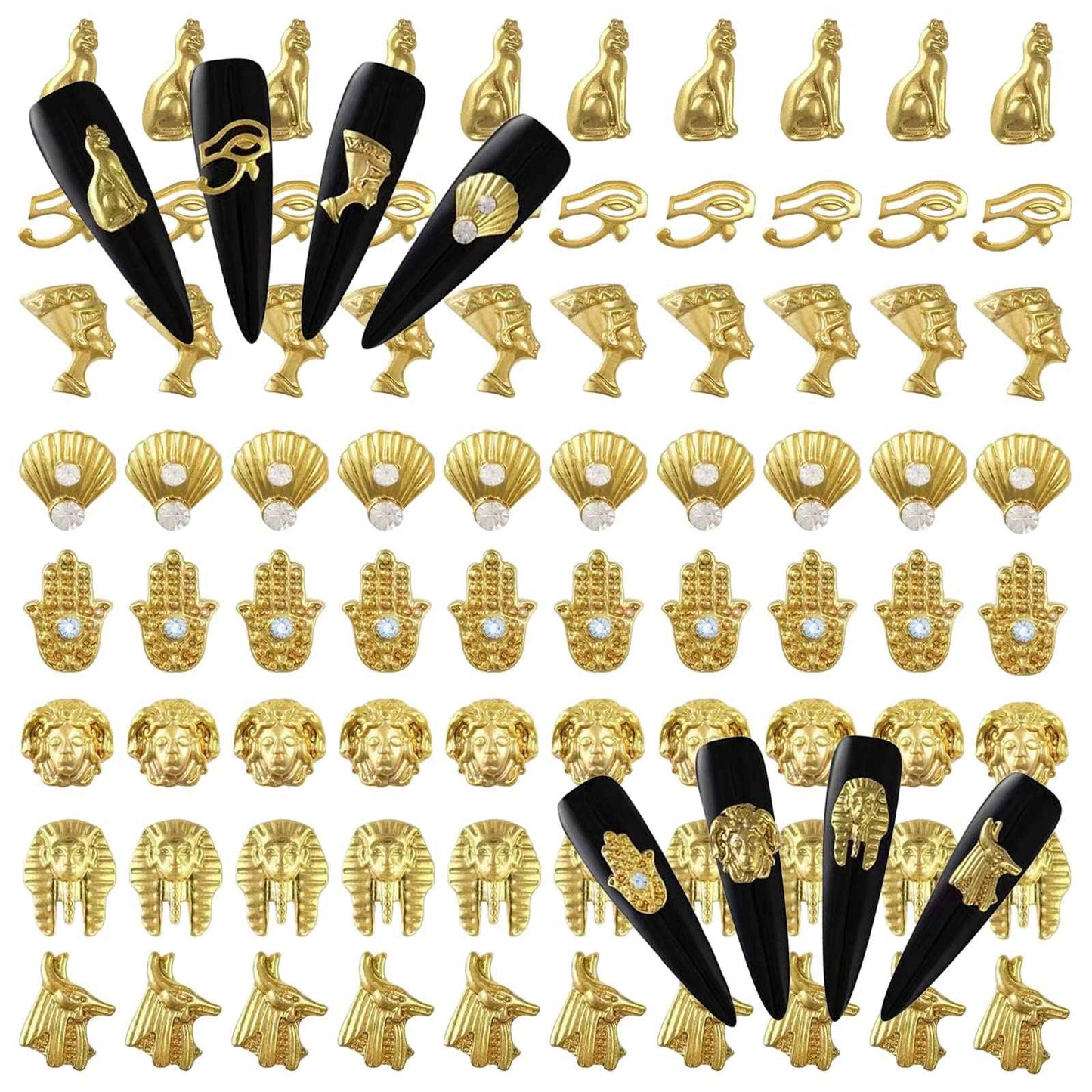 3D Egypt Charms for Acrylic Nails, 80PCS Gold Alloy Rhinestones Decoration, Egyptian Gems Diamonds Accessories for Nail Art Supplies Manicure Craft DIY BBATT-HAPPY