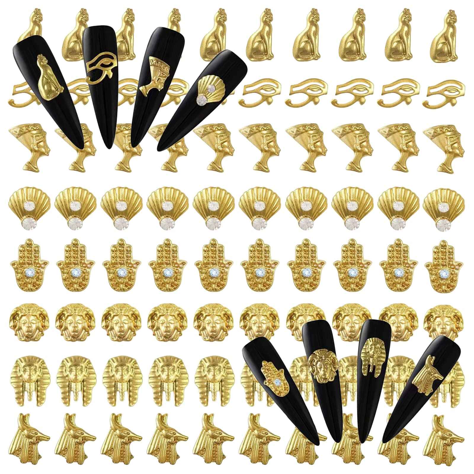 3D Egypt Charms for Acrylic Nails, 80PCS Gold Alloy Rhinestones Decoration, Egyptian Gems Diamonds Accessories for Nail Art Supplies Manicure Craft DIY BBATT-HAPPY