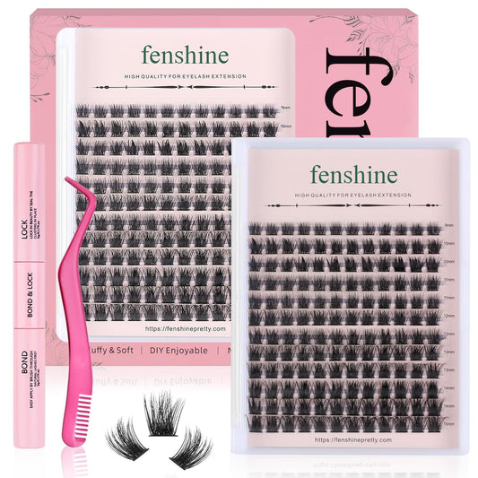 Fenshine Cluster Lashes Individual Lashes Wide Stem C/D Curl 9-15mm Length DIY Eyelash Extension Individual Soft False Lashes for Personal Use at Home (144pcs Mix 9-15MM, Eyelash Extension Kit)