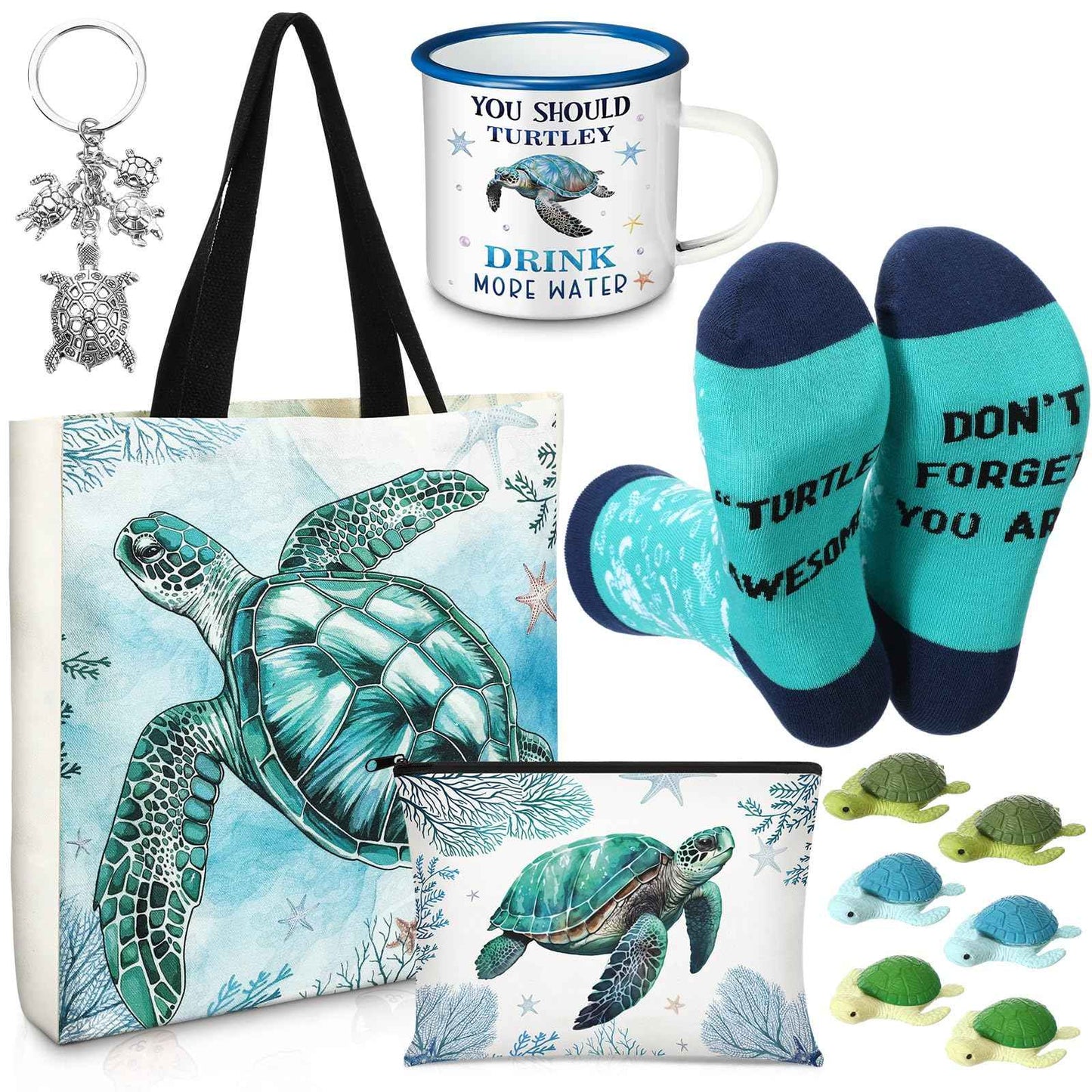 Yeyeplum Sea Turtle Lover Gifts for Women Birthday Gifts Baskets Set Include Canvas Tote Bag, Makeup Bag, Socks, Keychain, Enamel Mug, Small Figurines for Mom, Wife, Sister, Friend