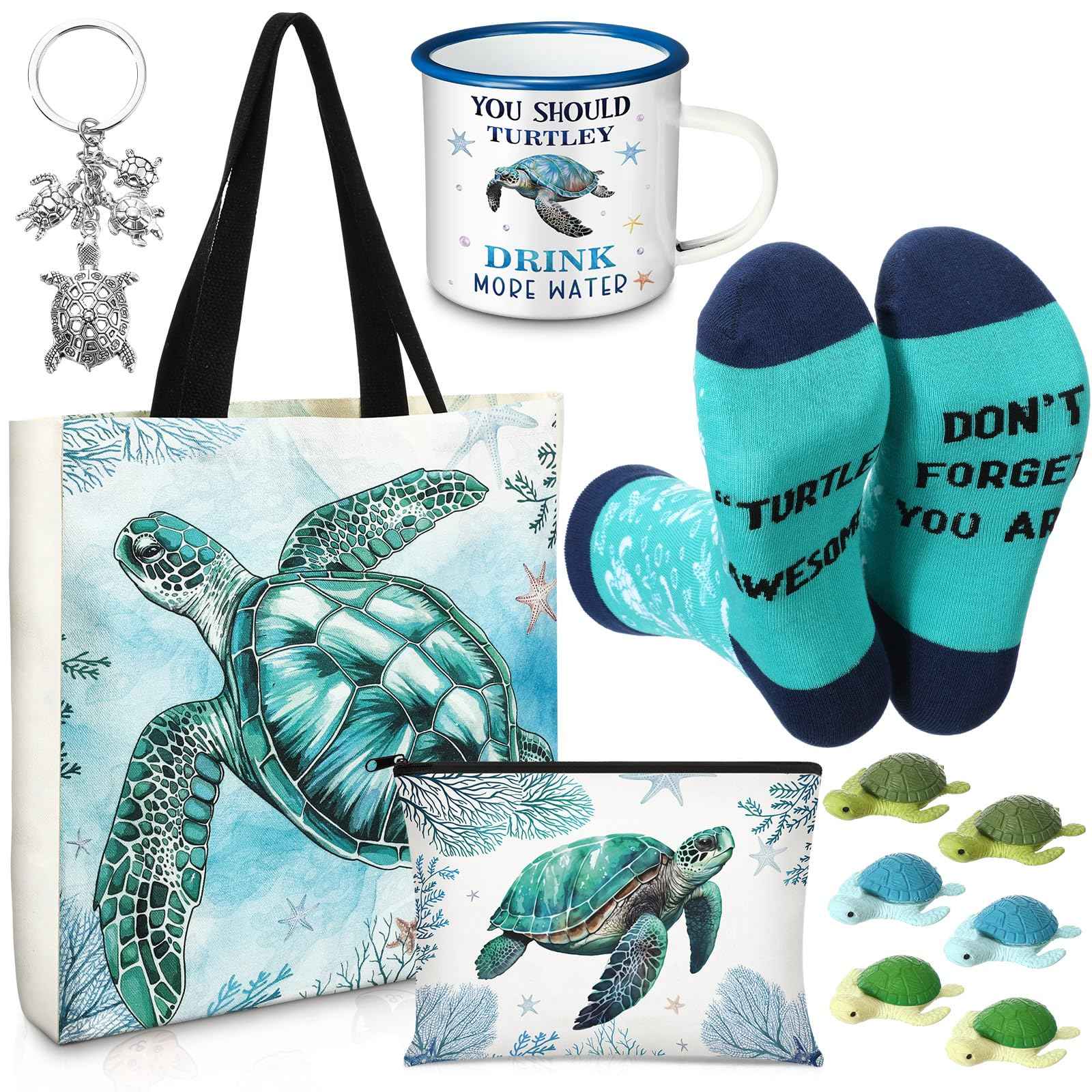 Yeyeplum Sea Turtle Lover Gifts for Women Birthday Gifts Baskets Set Include Canvas Tote Bag, Makeup Bag, Socks, Keychain, Enamel Mug, Small Figurines for Mom, Wife, Sister, Friend